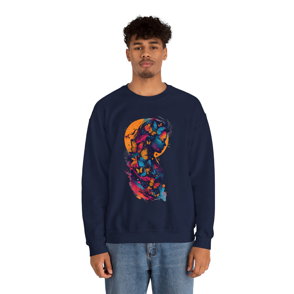 Butterfly Silhouette Crewneck Sweatshirt — Colorful Butterfly Profile Graphic
