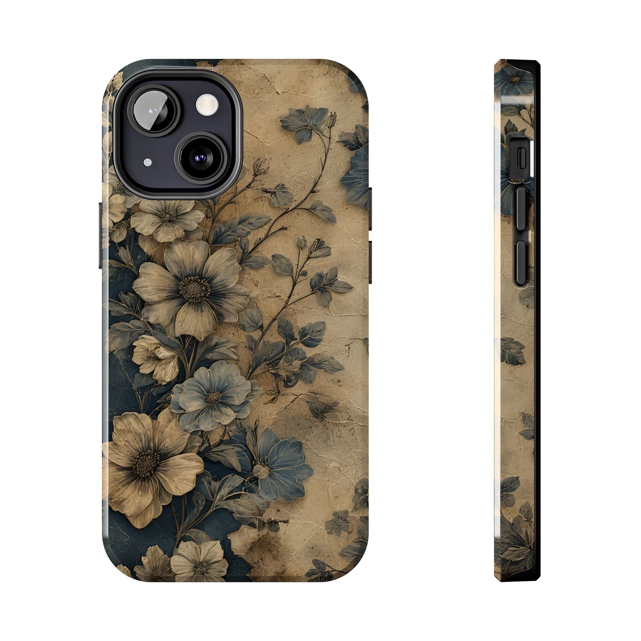Vintage Floral Tough Phone Case — Antique Beige & Navy Protective Cover