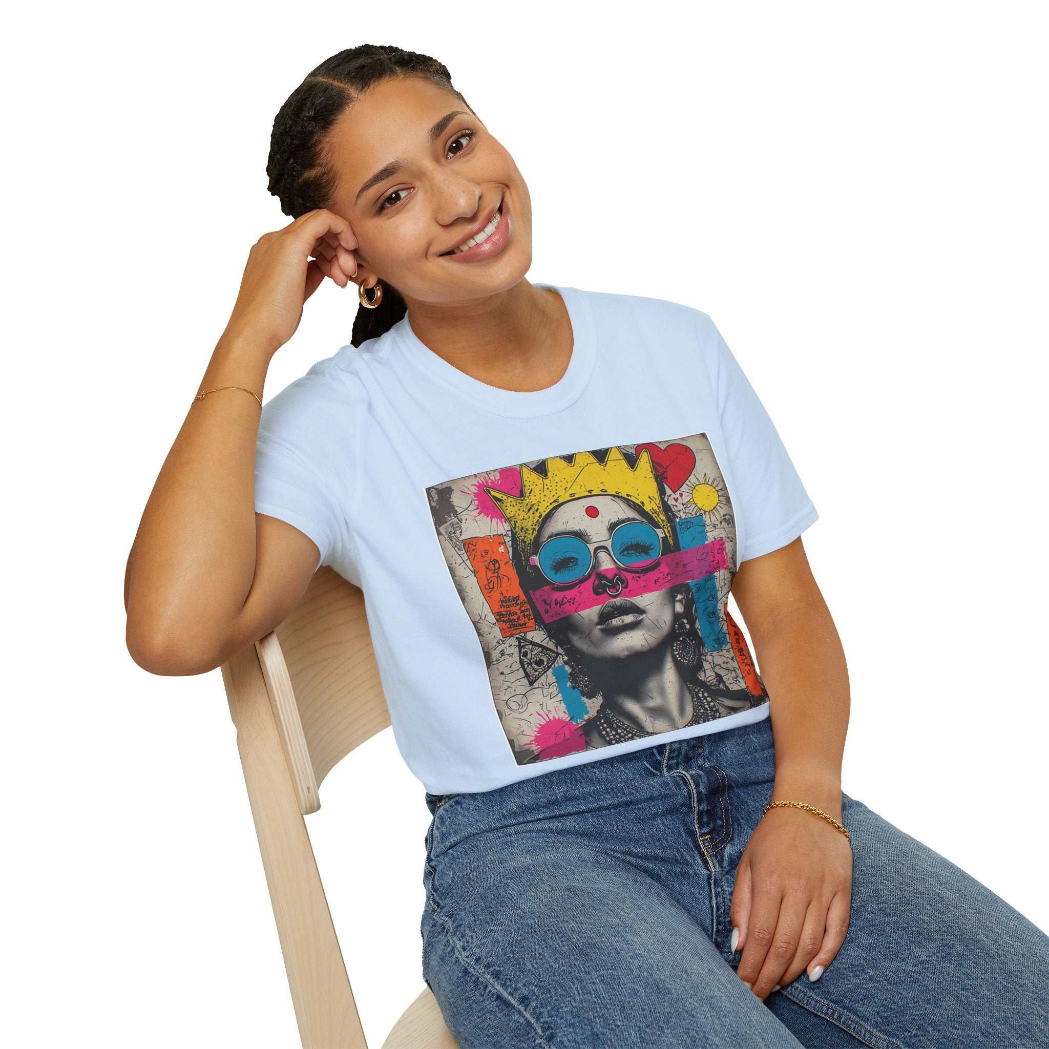 Abstract Pop Art Portrait T-Shirt — Neon Crown & Sunglasses Graphic