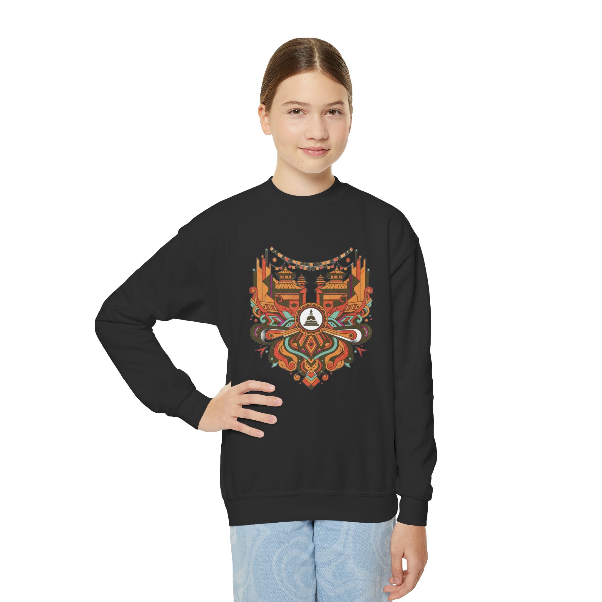 Youth Crewneck Sweatshirt — Retro Boho Fox Mask Graphic (Autumn Colors)