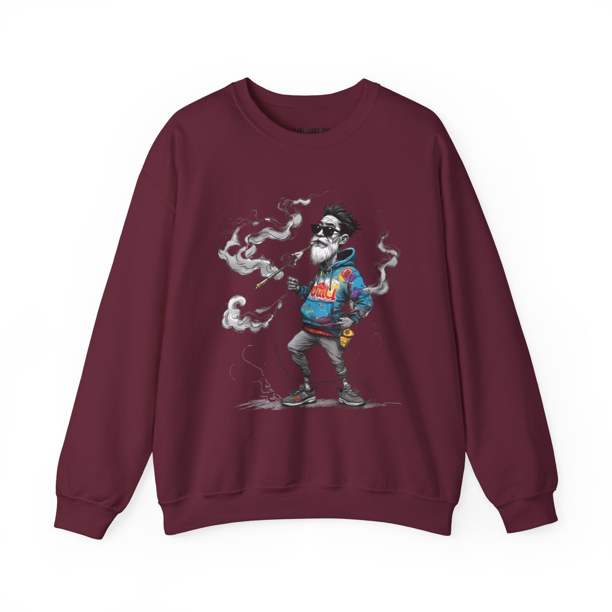 Crewneck Sweatshirt - Retro Cool Grandpa Smoking Pipe Illustration