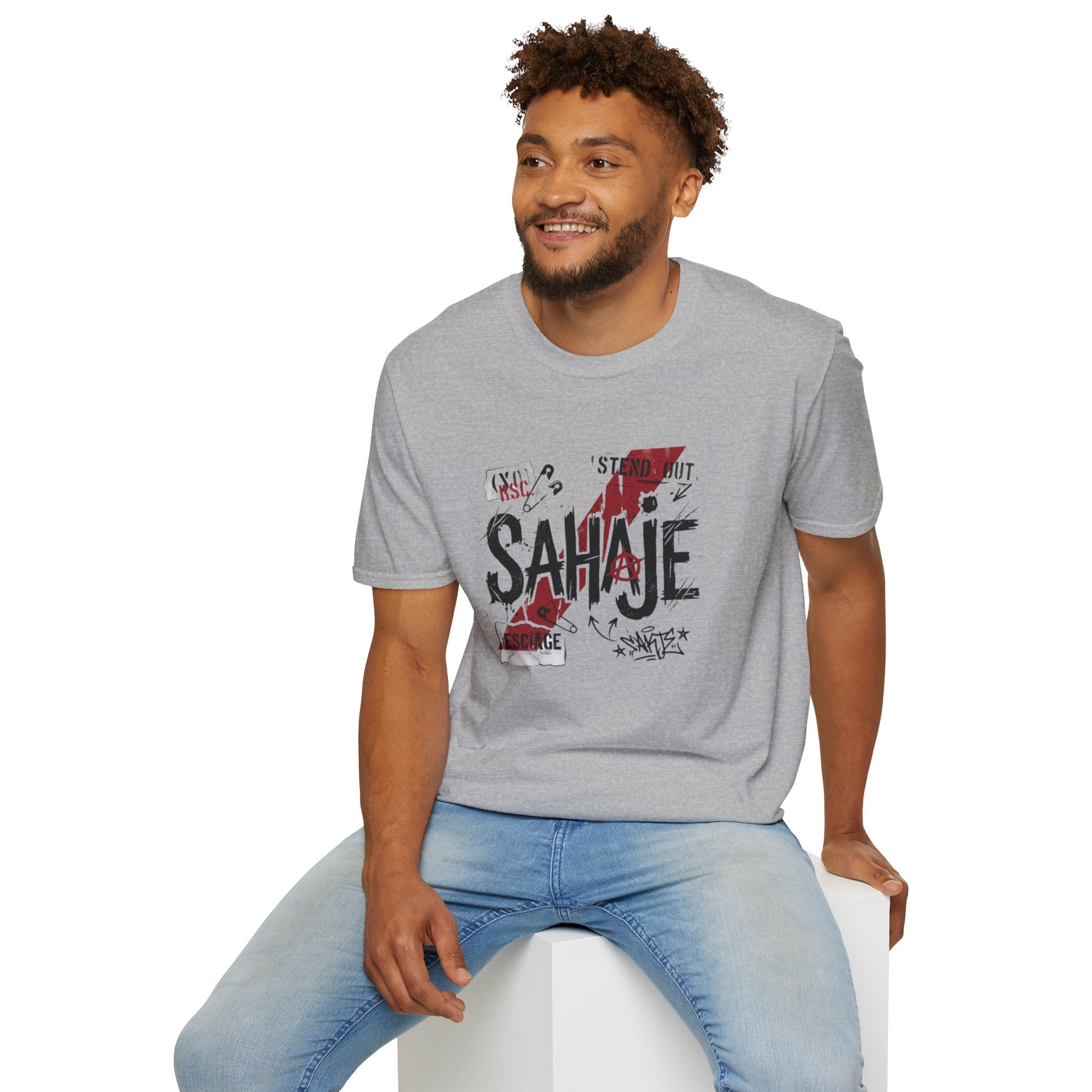 SAHAJE Graphic T‑Shirt — Distressed Red Accent Streetwear Tee