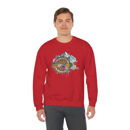 Adventure Mountain Crewneck Sweatshirt — Colorful Hiking Compass & Peaks Design