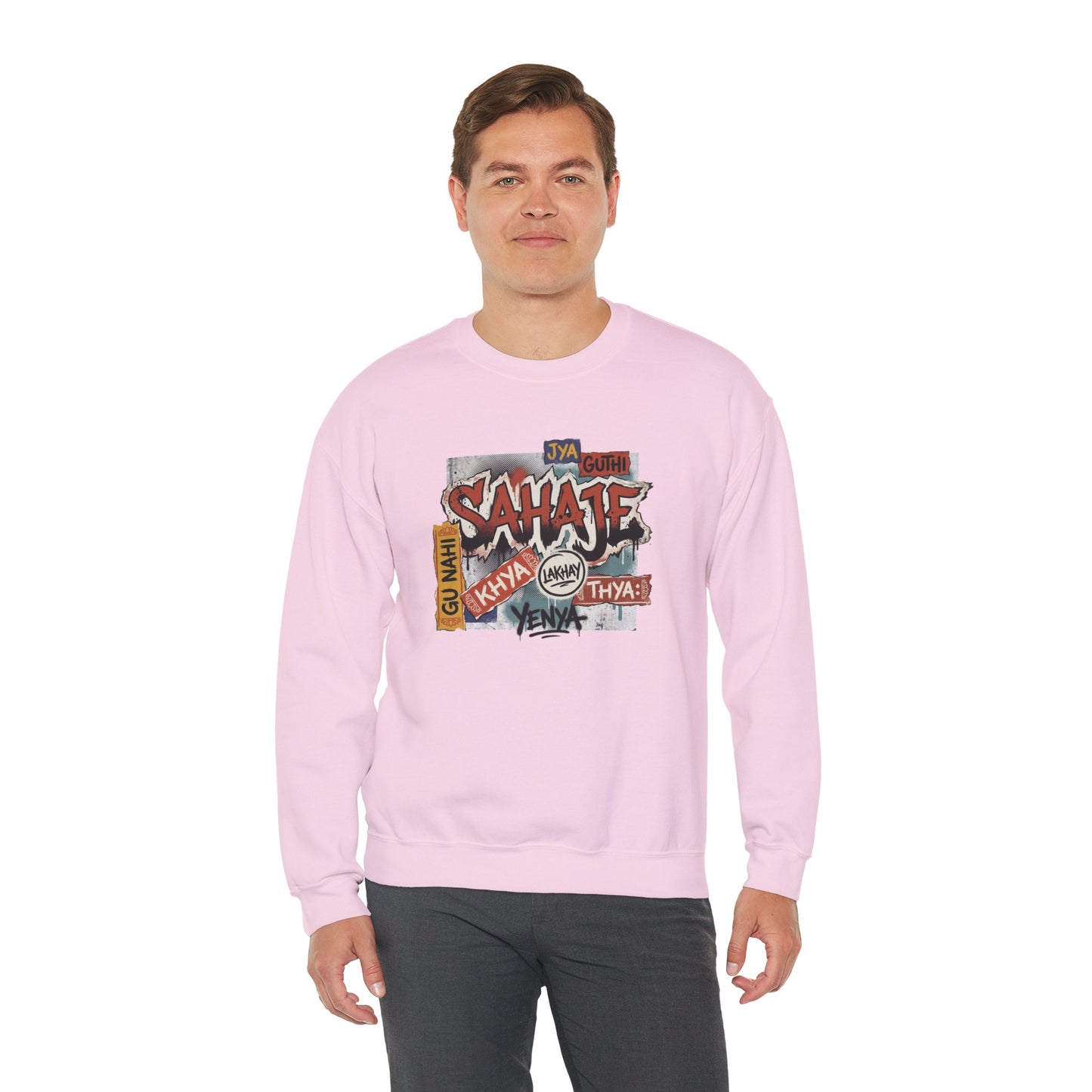 Crewneck Sweatshirt — 'Sahaje' Vintage Sticker Collage Graphic