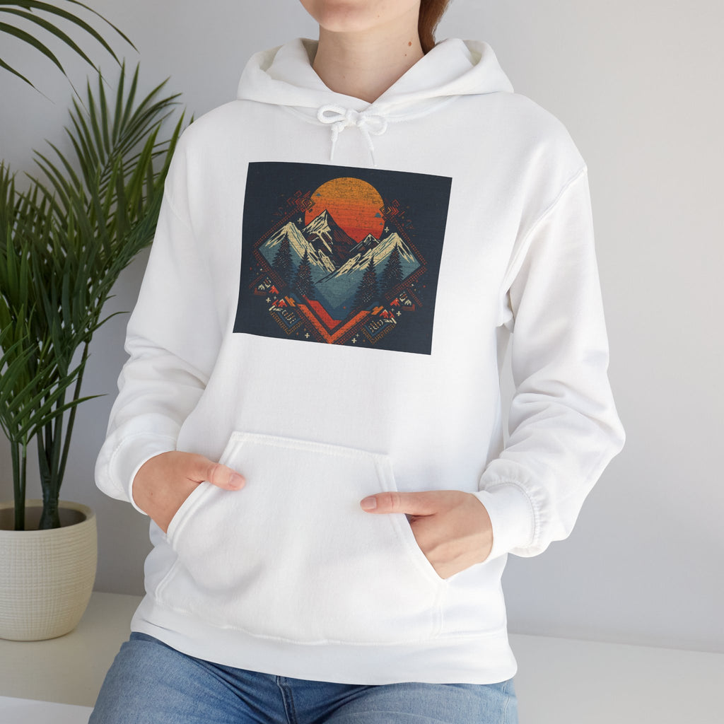 Mountain Sunset Hoodie – Retro Geometric Peaks & Rising Sun Sweatshirt