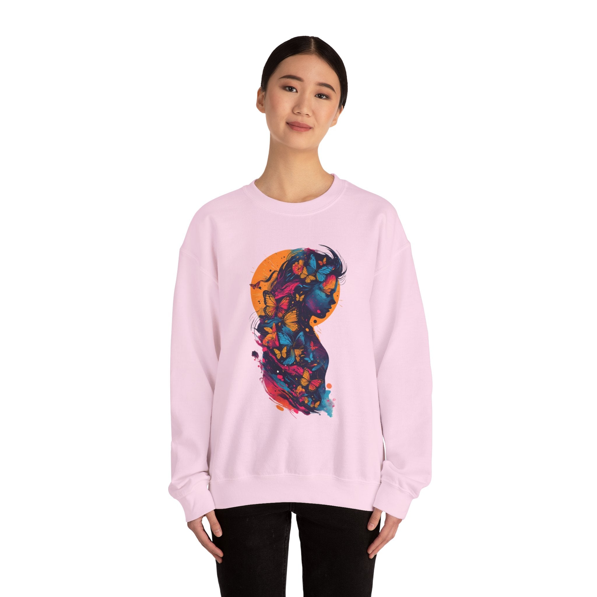 Butterfly Silhouette Crewneck Sweatshirt — Colorful Butterfly Profile Graphic