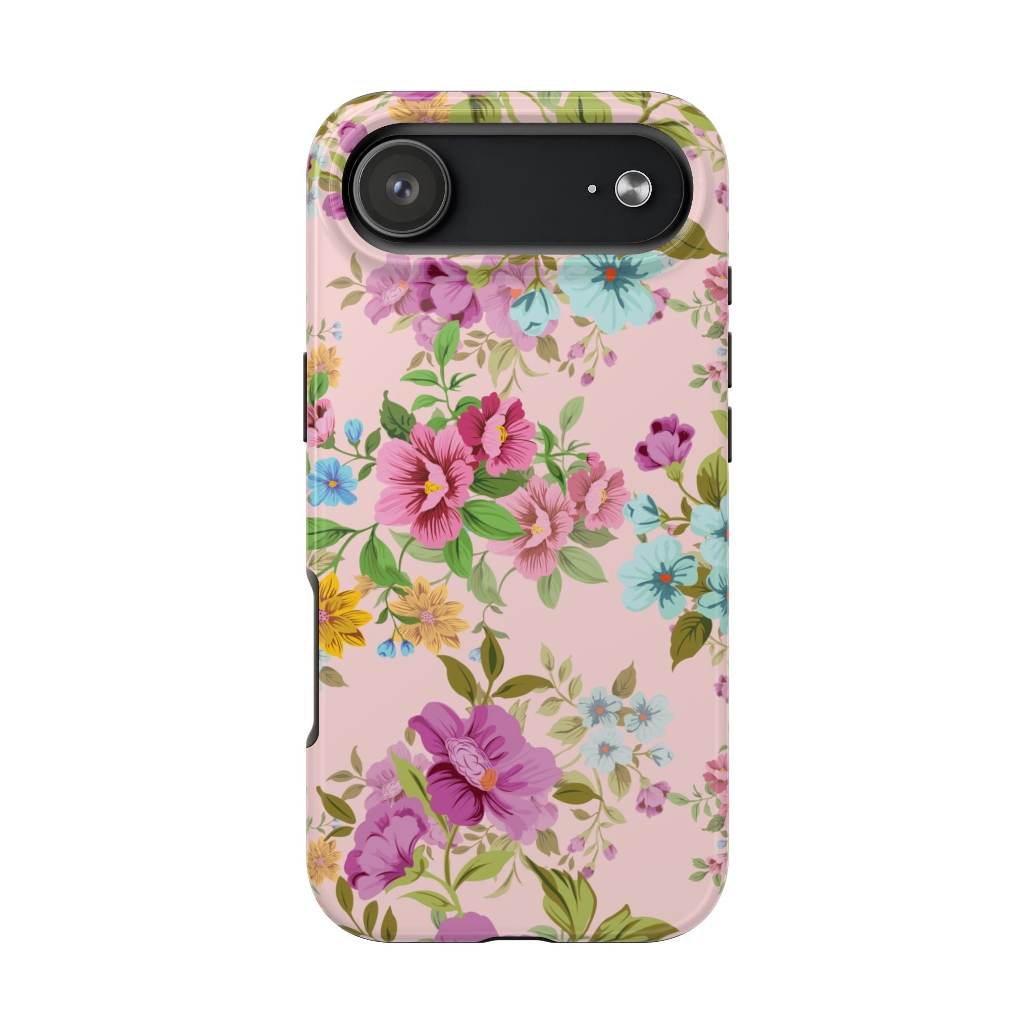 Floral Vintage Tough Phone Case — Pink Rose & Blue Blossom Protective Cover
