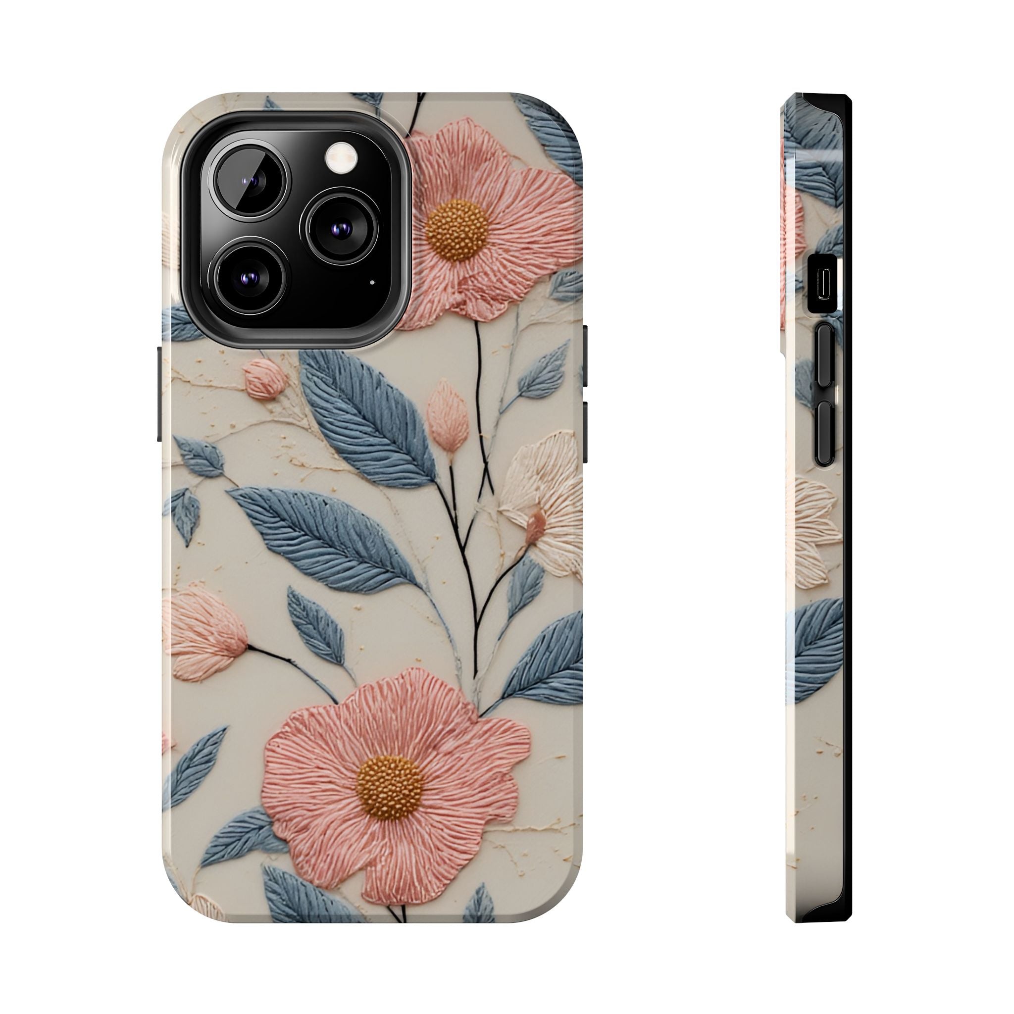 Floral Embroidered Tough Phone Case — Pink Blossom Protective Phone Cover
