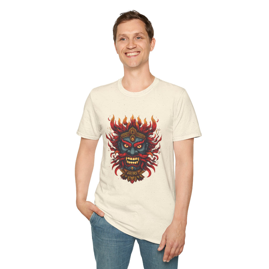 Flaming Demon Mask T-Shirt — Fierce Tattoo-Style Graphic Tee