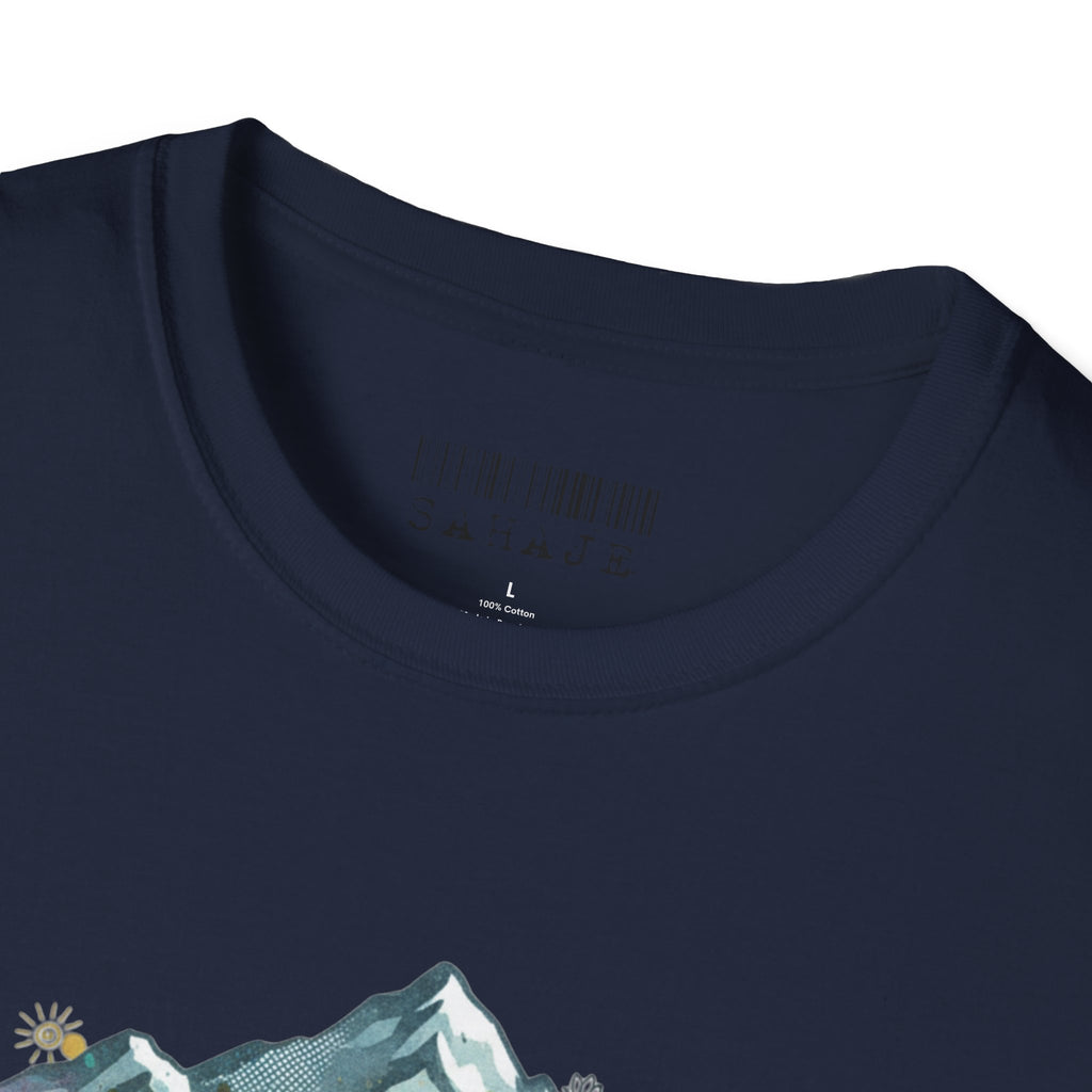 Adventure Compass T-Shirt — Mountain Compass with Prayer Flags & Colorful Globe