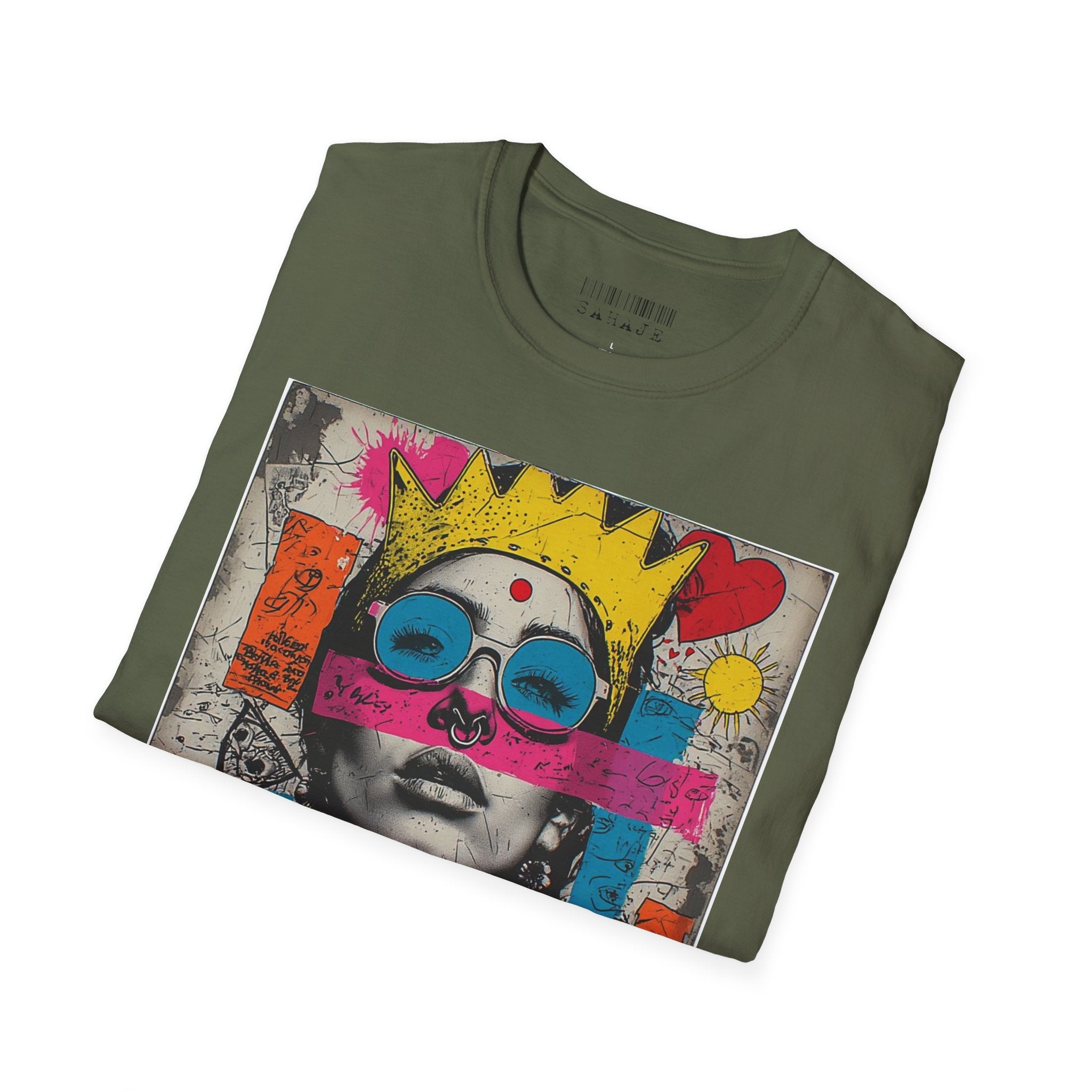 Abstract Pop Art Portrait T-Shirt — Neon Crown & Sunglasses Graphic