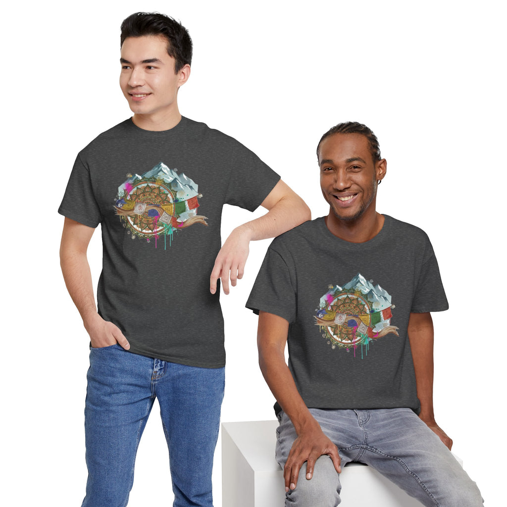 Adventure Compass Graphic Tee — Mountain, Globe & Flag Illustration