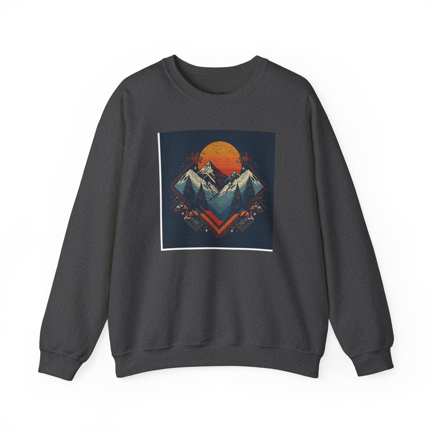 Mountain Sunset Crewneck Sweatshirt — Retro Geometric Peaks Graphic