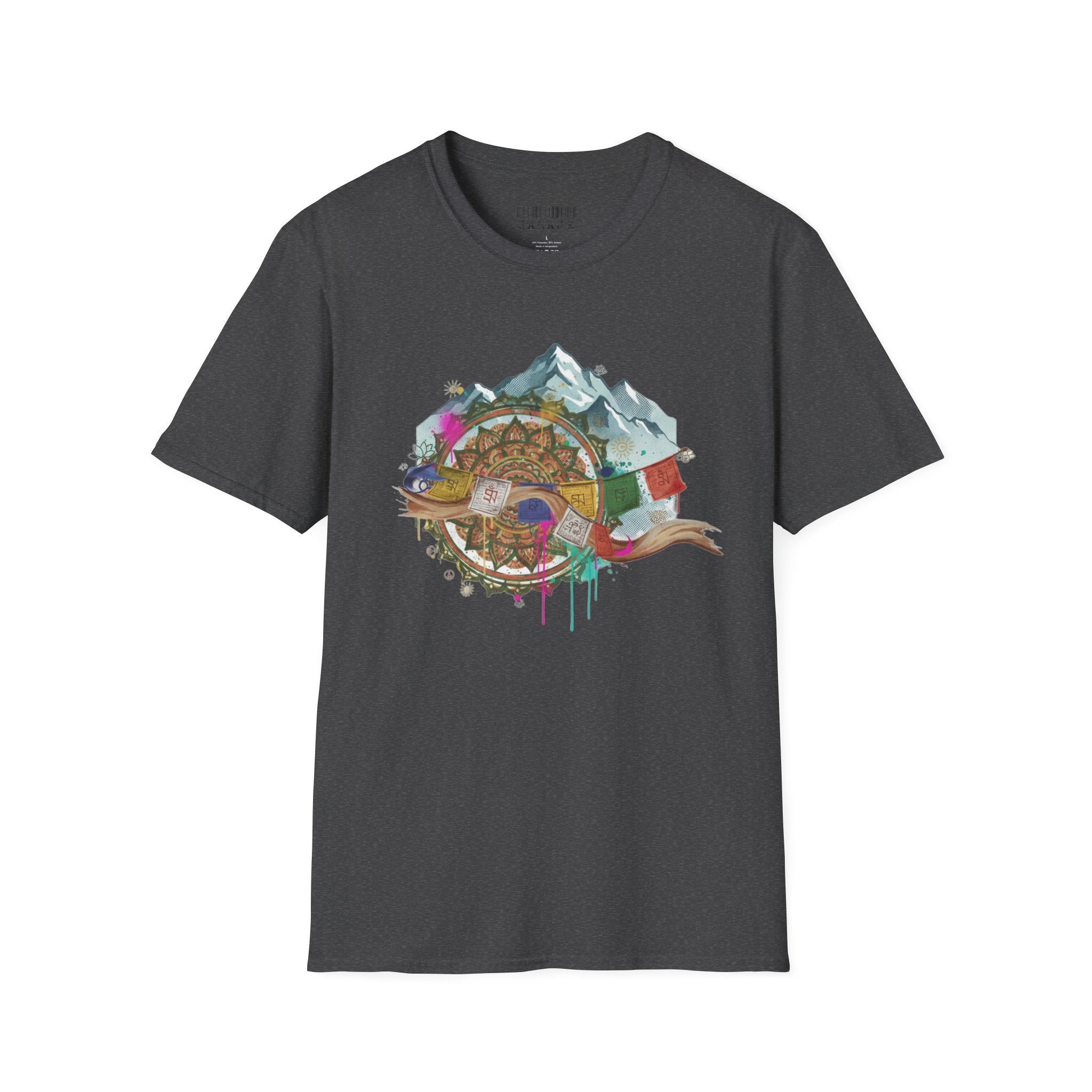 Adventure Compass T-Shirt — Mountain Compass with Prayer Flags & Colorful Globe