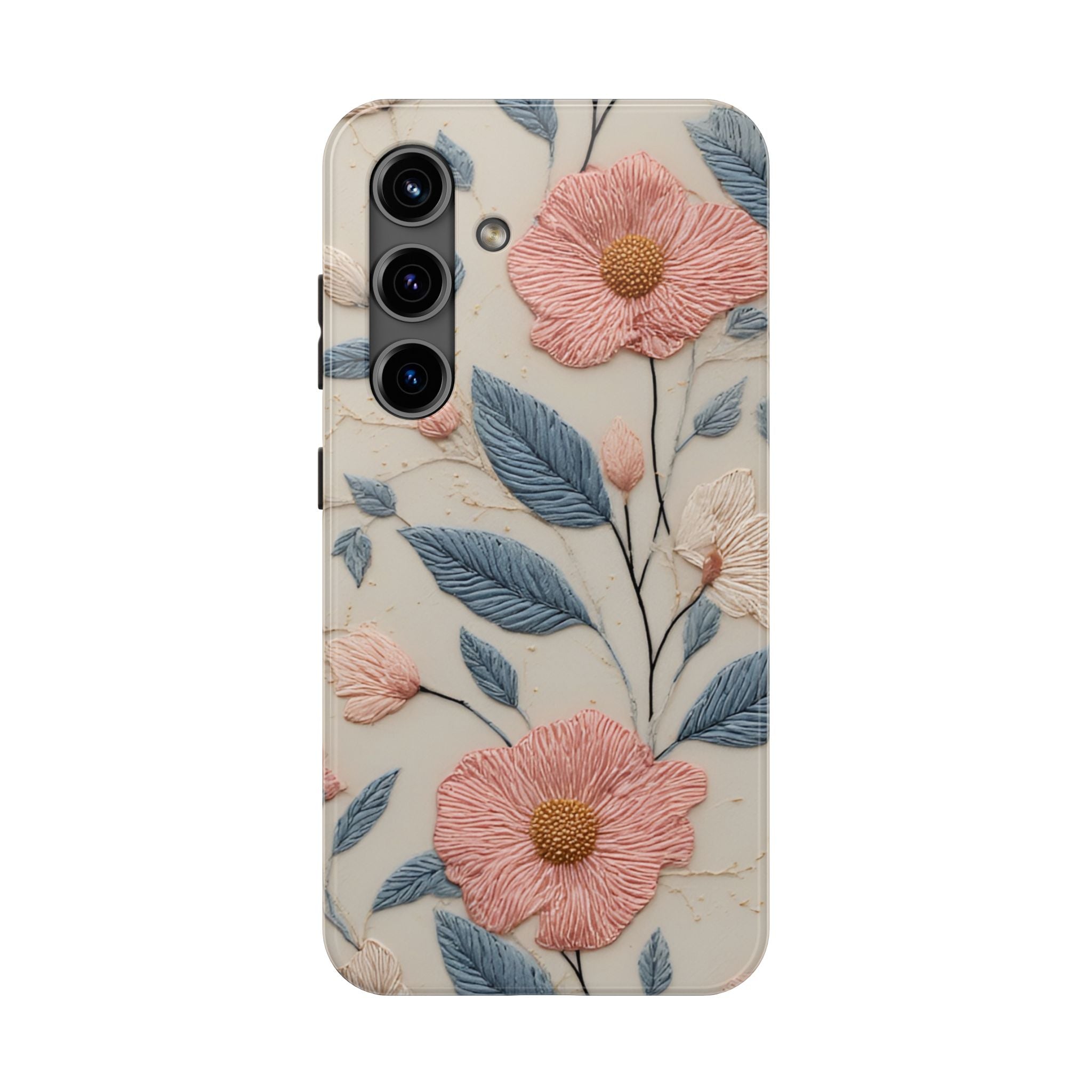 Floral Embroidered Tough Phone Case — Pink Blossom Protective Phone Cover