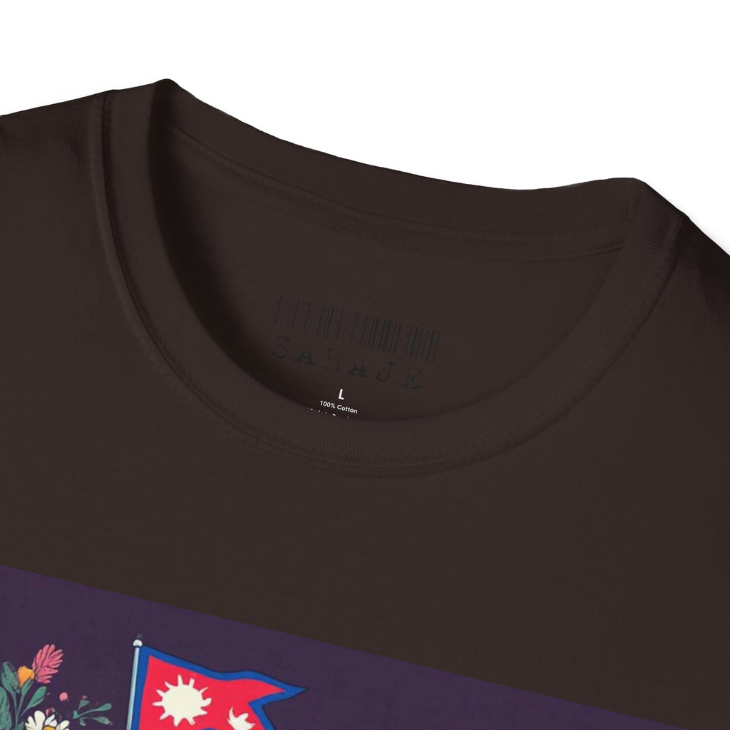 Bicycle Floral T-Shirt – Pink Bike with Baskets & "Sahaje" Text