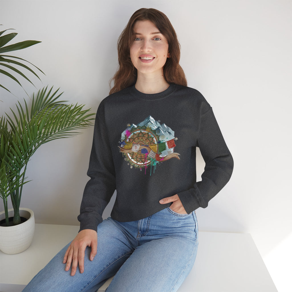 Adventure Mountain Crewneck Sweatshirt — Colorful Hiking Compass & Peaks Design
