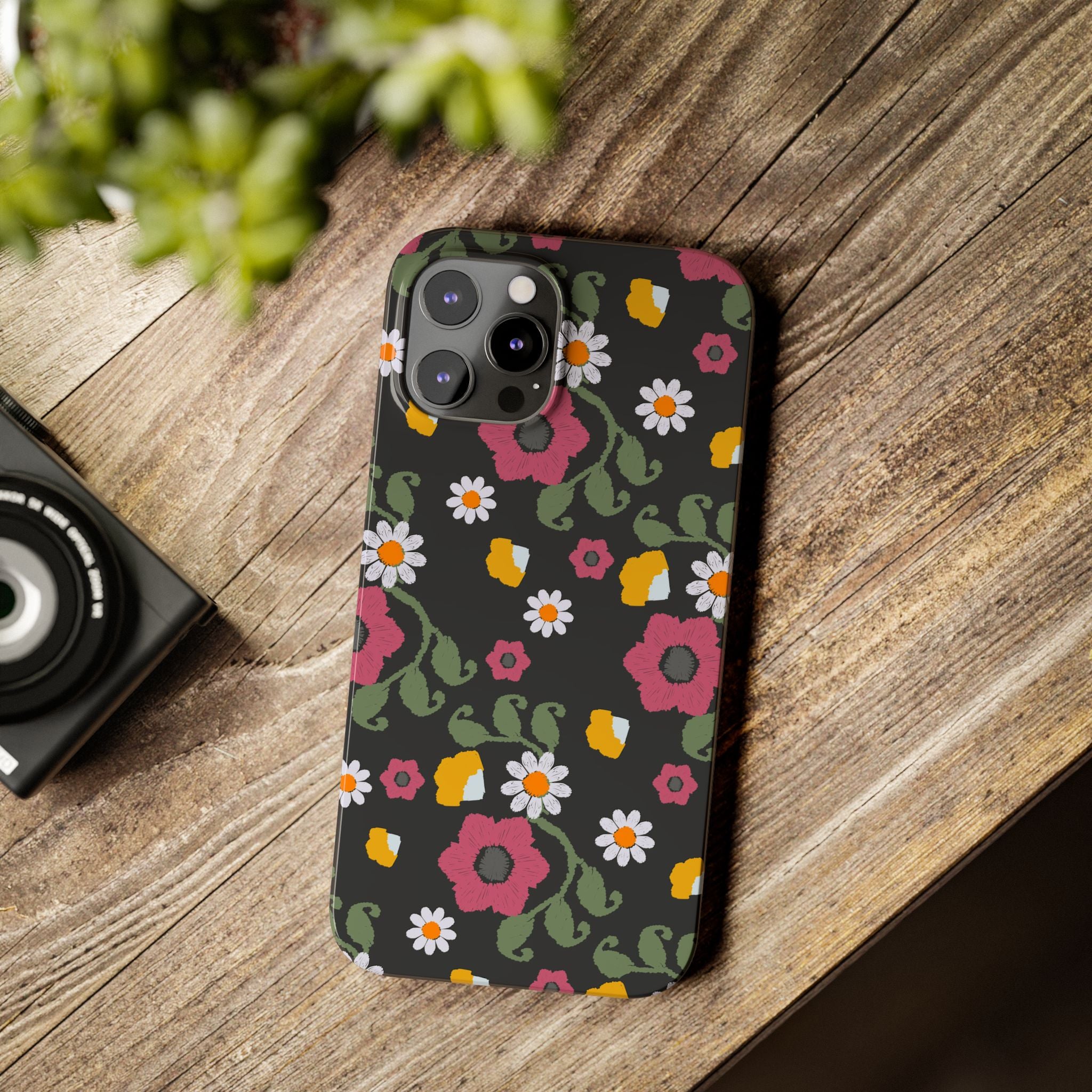 Floral Slim Phone Case, Black Flower Phone Cover, Stylish Phone Accessory, Gift for Her, Trendy Floral Case