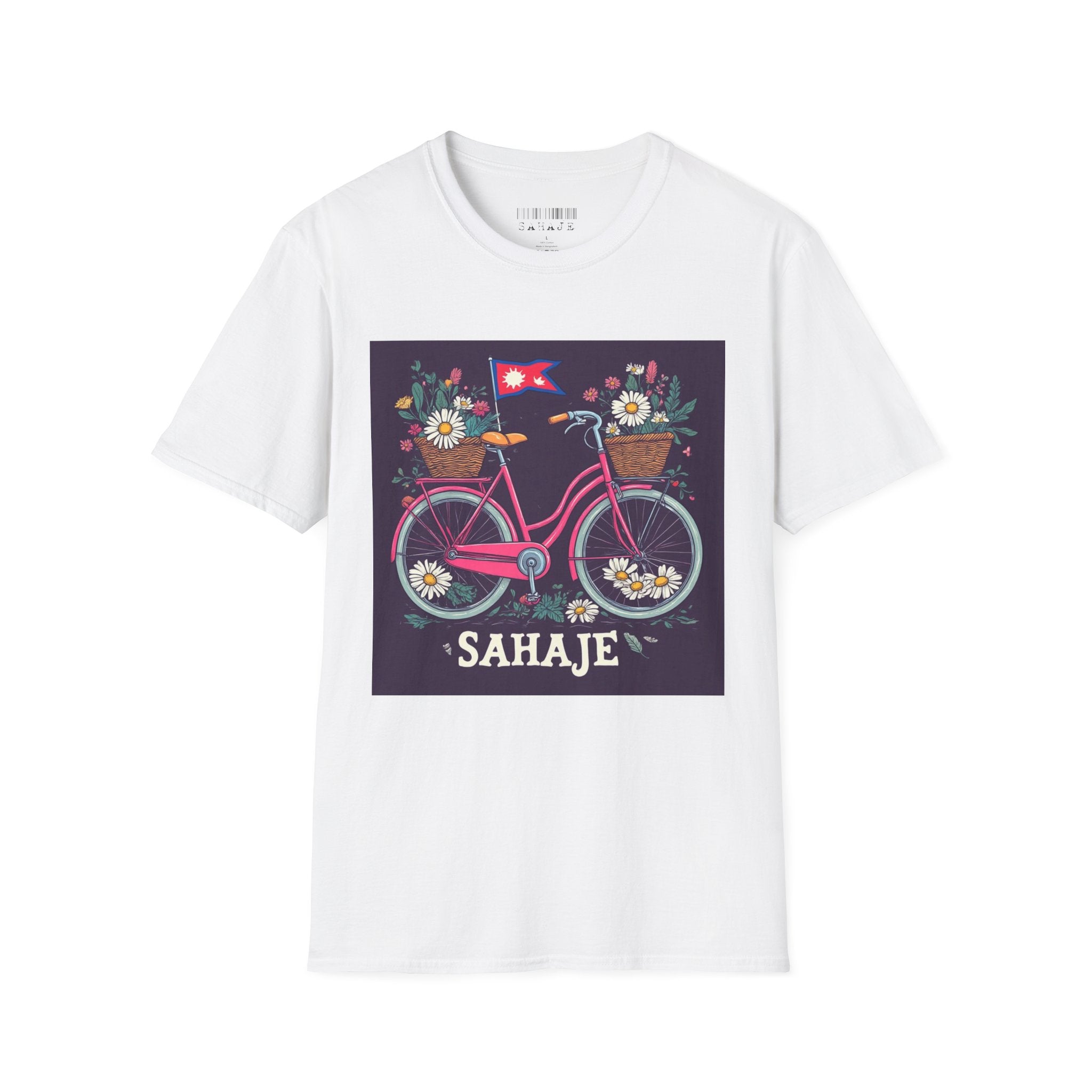 Bicycle Floral T-Shirt – Pink Bike with Baskets & "Sahaje" Text