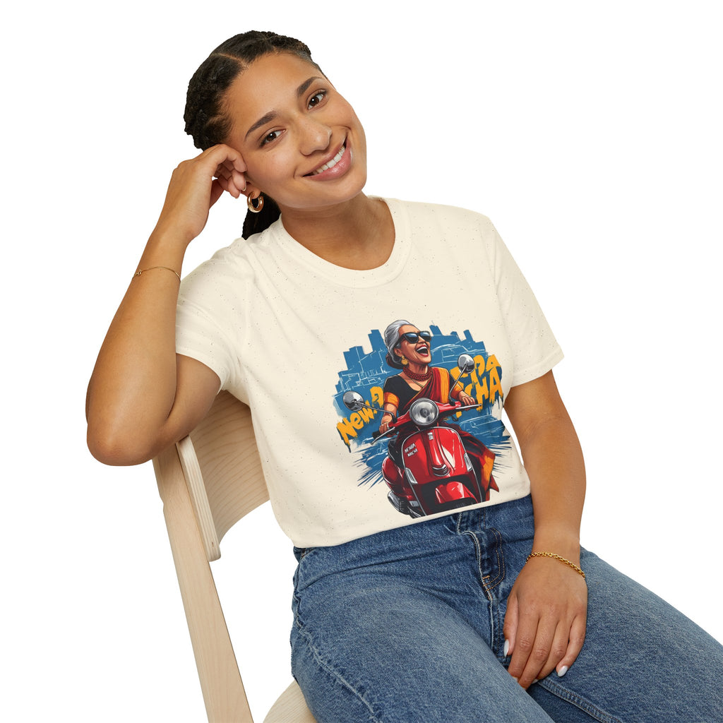 Newa Maicha Riding Scooter T-Shirt – Newari Woman in New York Graphic Tee, Cultural & Urban Design