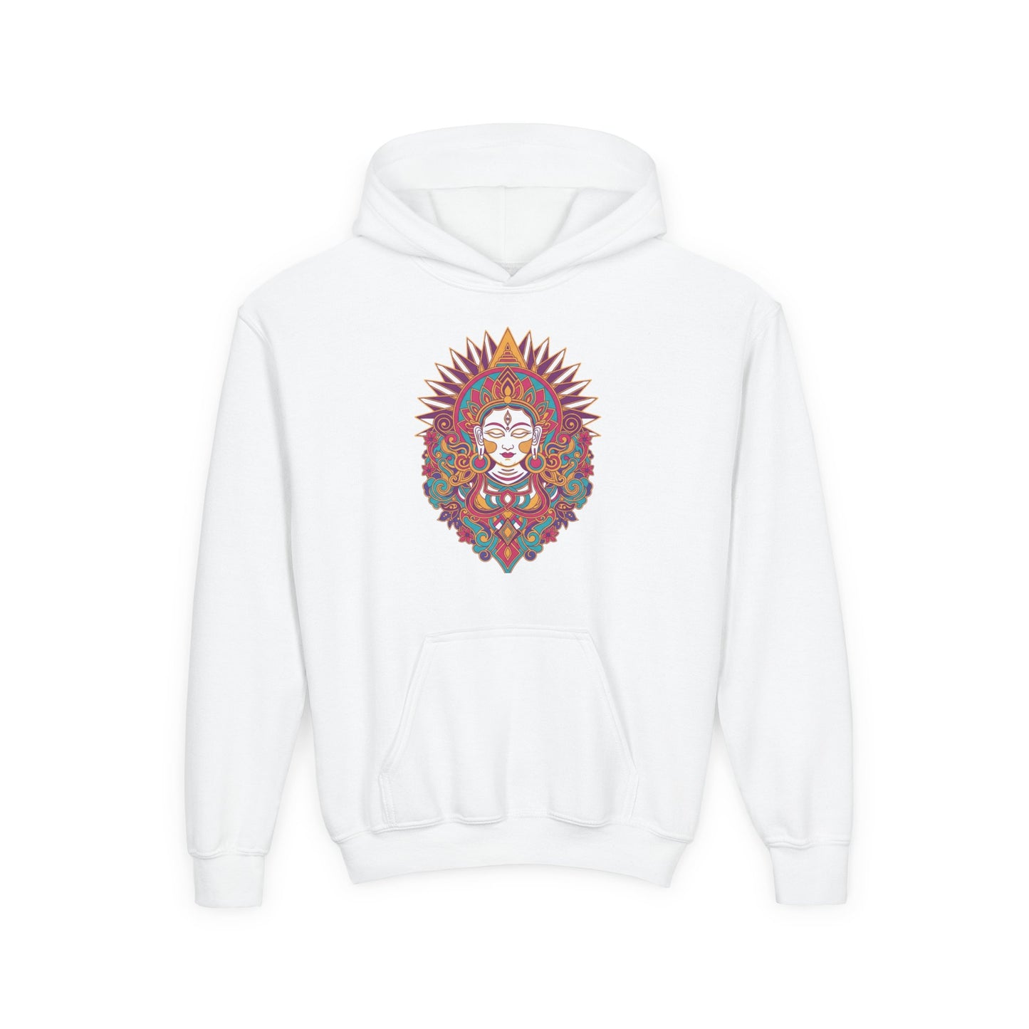Youth Hoodie with Colorful Sugar Skull Goddess Design — Day of the Dead Kids Pullover