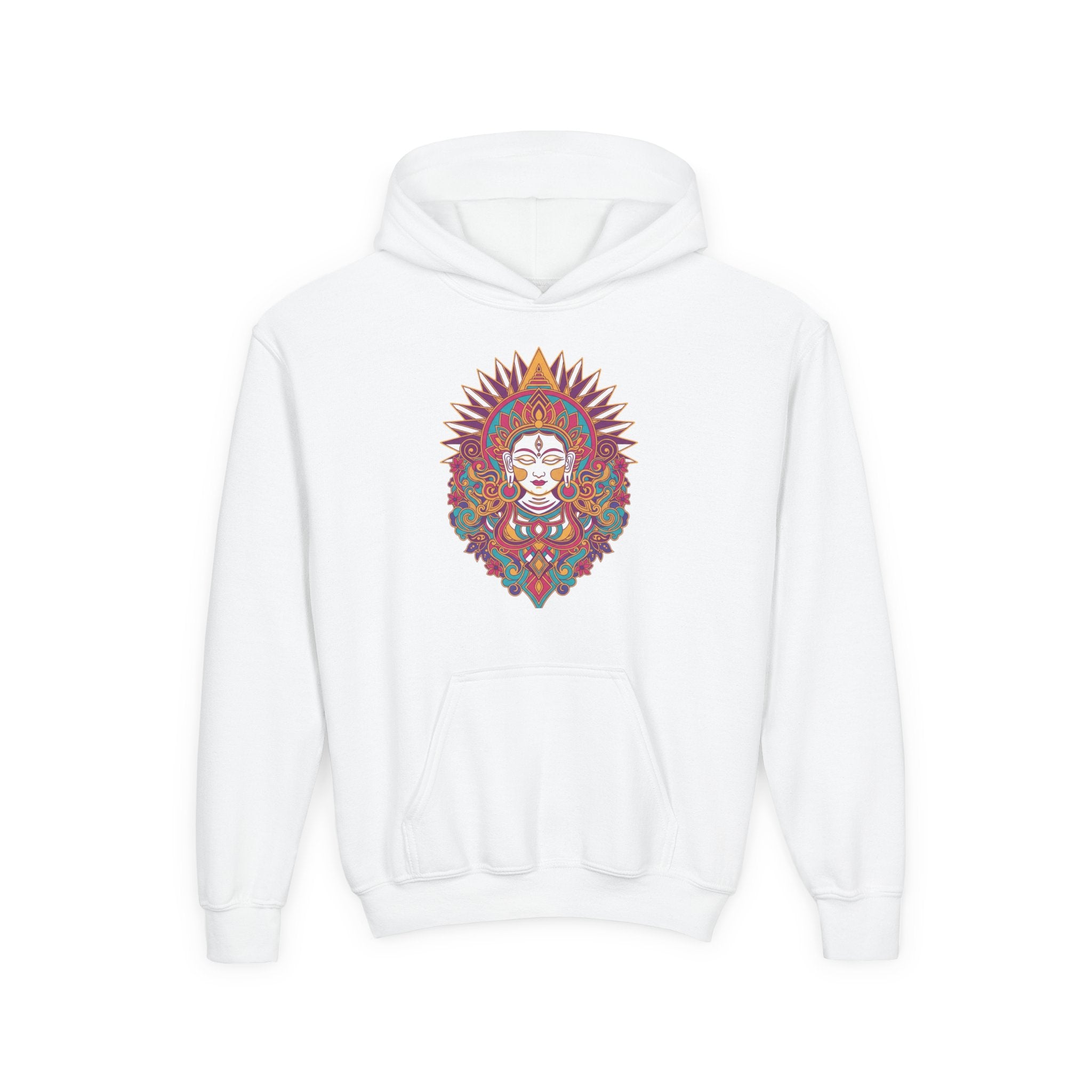 Youth Hoodie with Colorful Sugar Skull Goddess Design — Day of the Dead Kids Pullover
