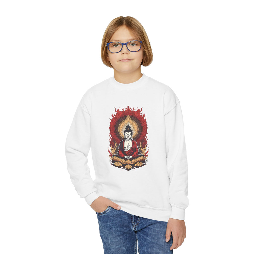 Buddha Flame Youth Crewneck Sweatshirt - Meditating Lotus Graphic
