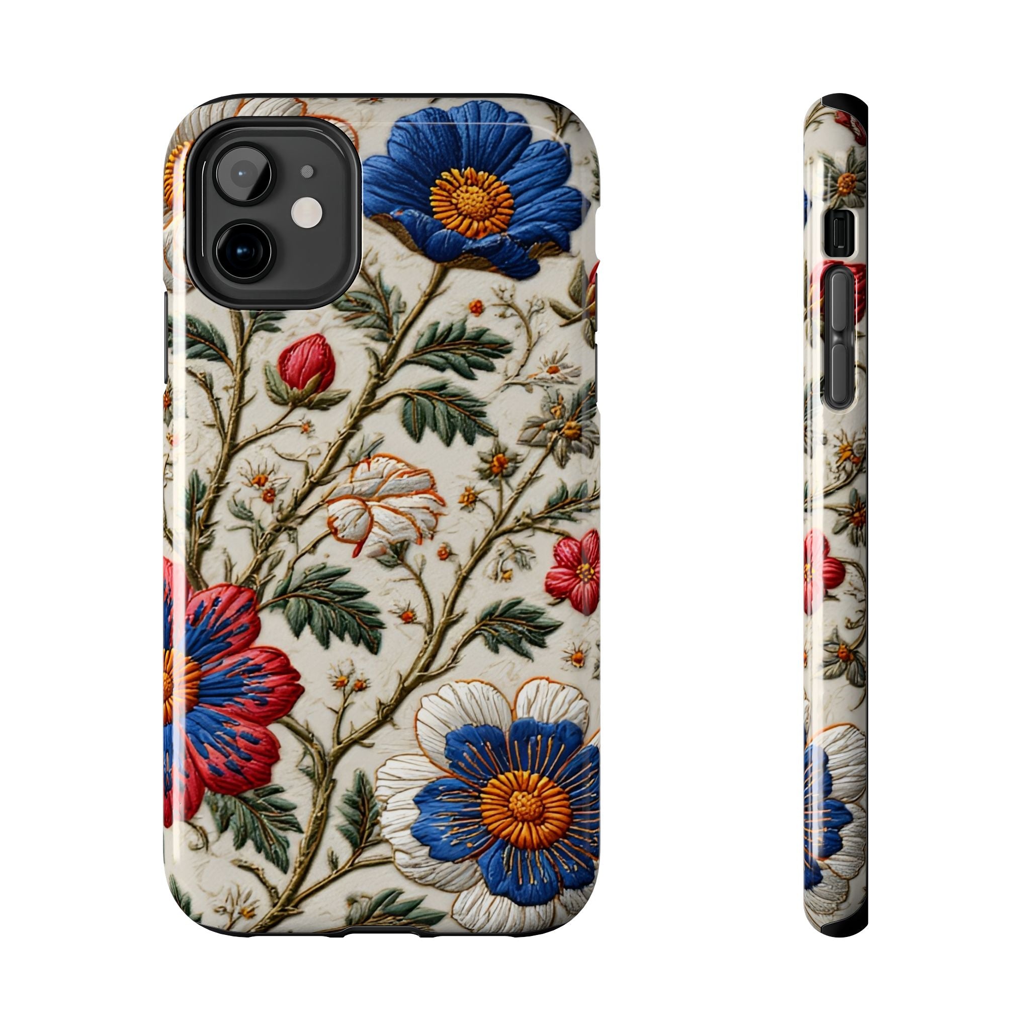 Floral Embroidery Tough Phone Case — Vintage Blue & Red Garden Design
