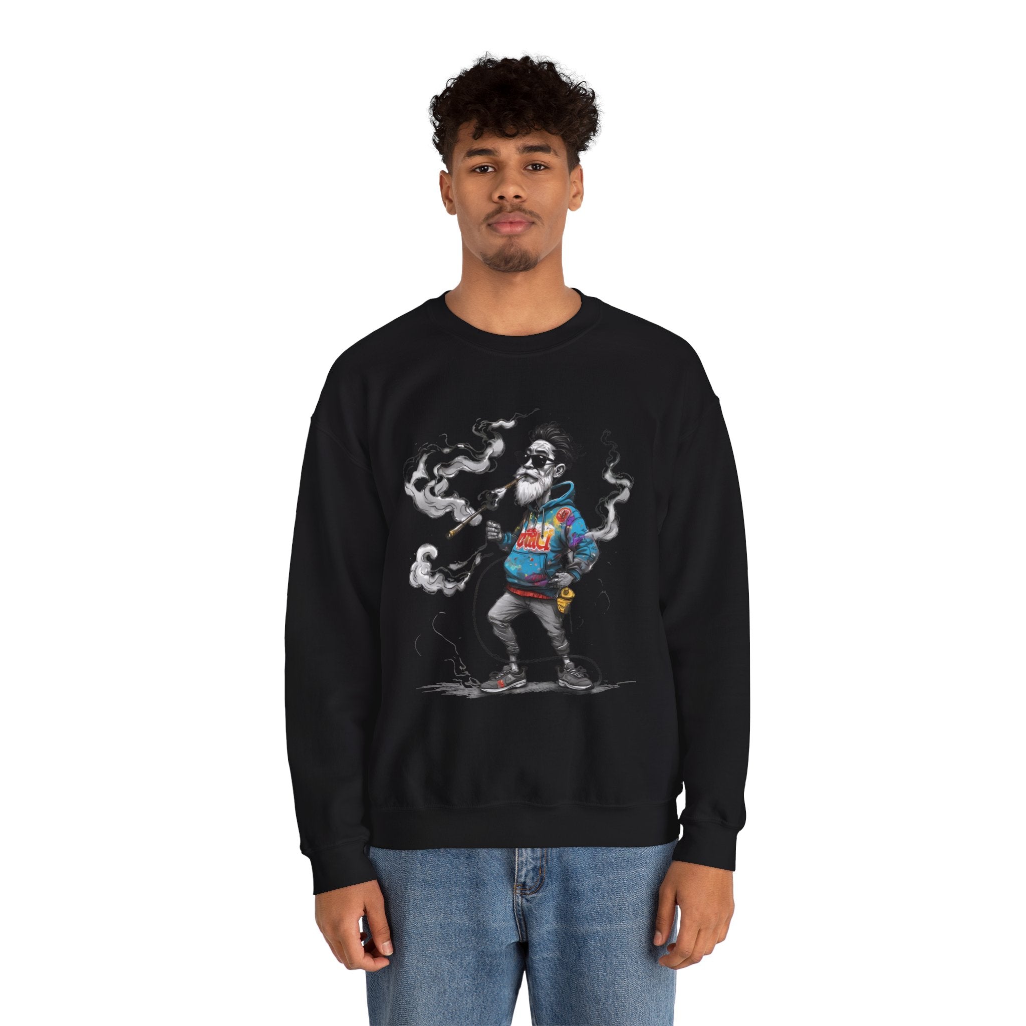 Crewneck Sweatshirt - Retro Cool Grandpa Smoking Pipe Illustration