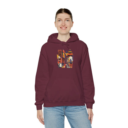 Cityscape Collage Hoodie — Colorful Urban Architecture Graphic Hoodie