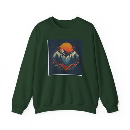 Mountain Sunset Crewneck Sweatshirt — Retro Geometric Peaks Graphic
