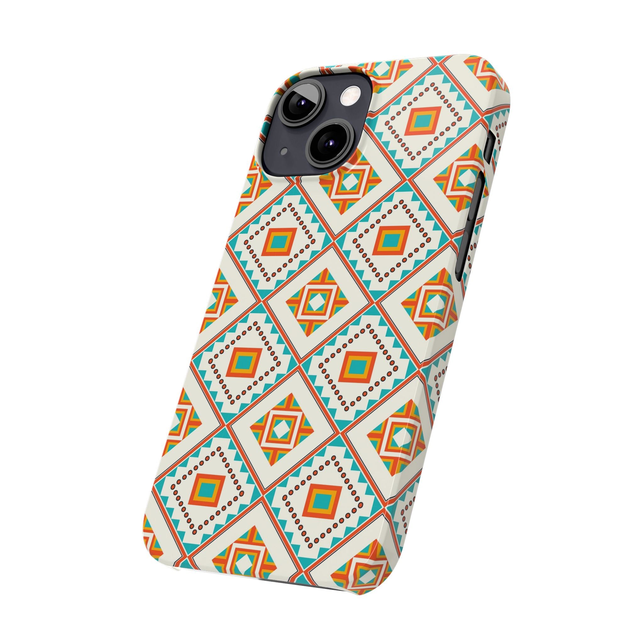 Slim Phone Case — Retro Geometric Tile Pattern (Turquoise & Orange)