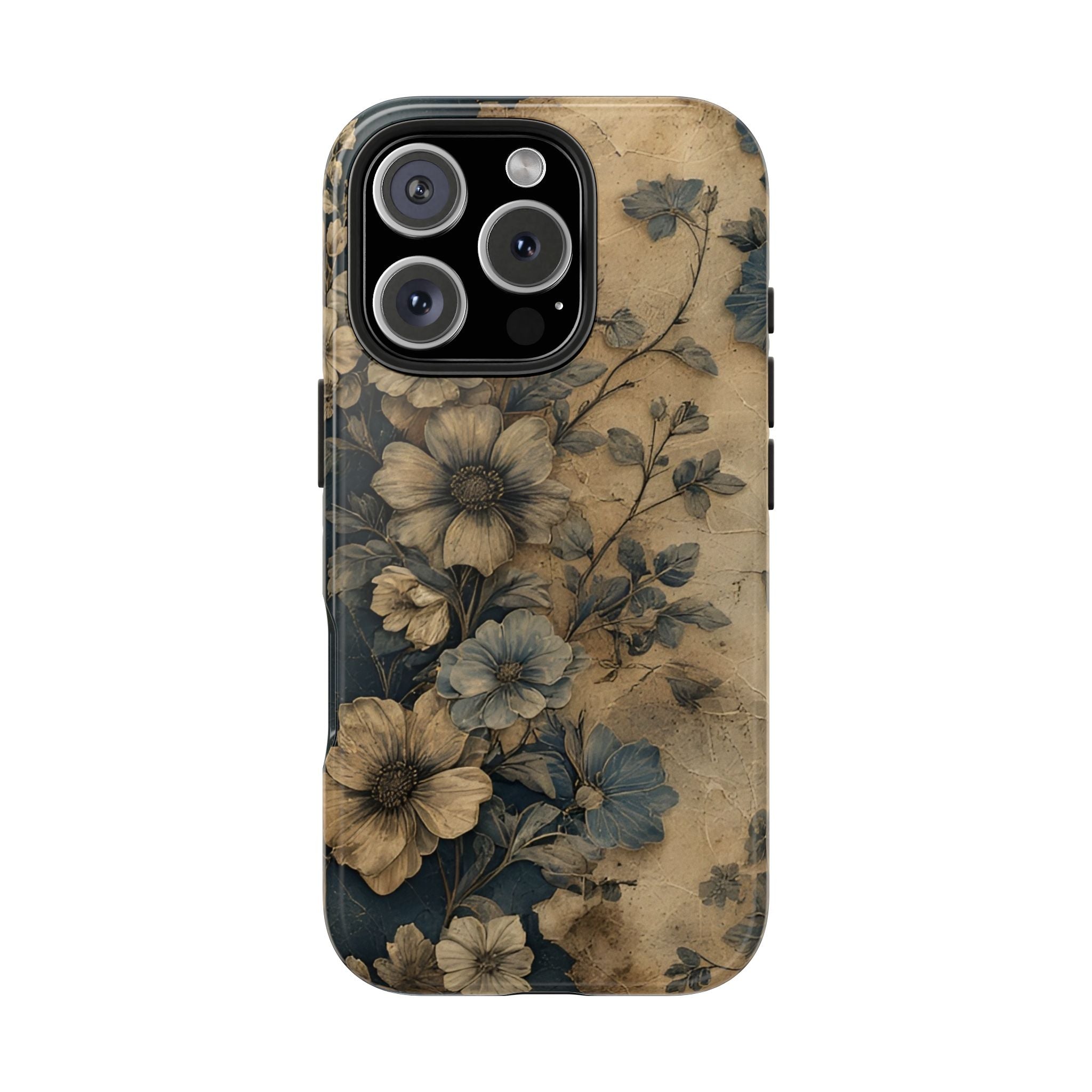 Vintage Floral Tough Phone Case — Antique Beige & Navy Protective Cover