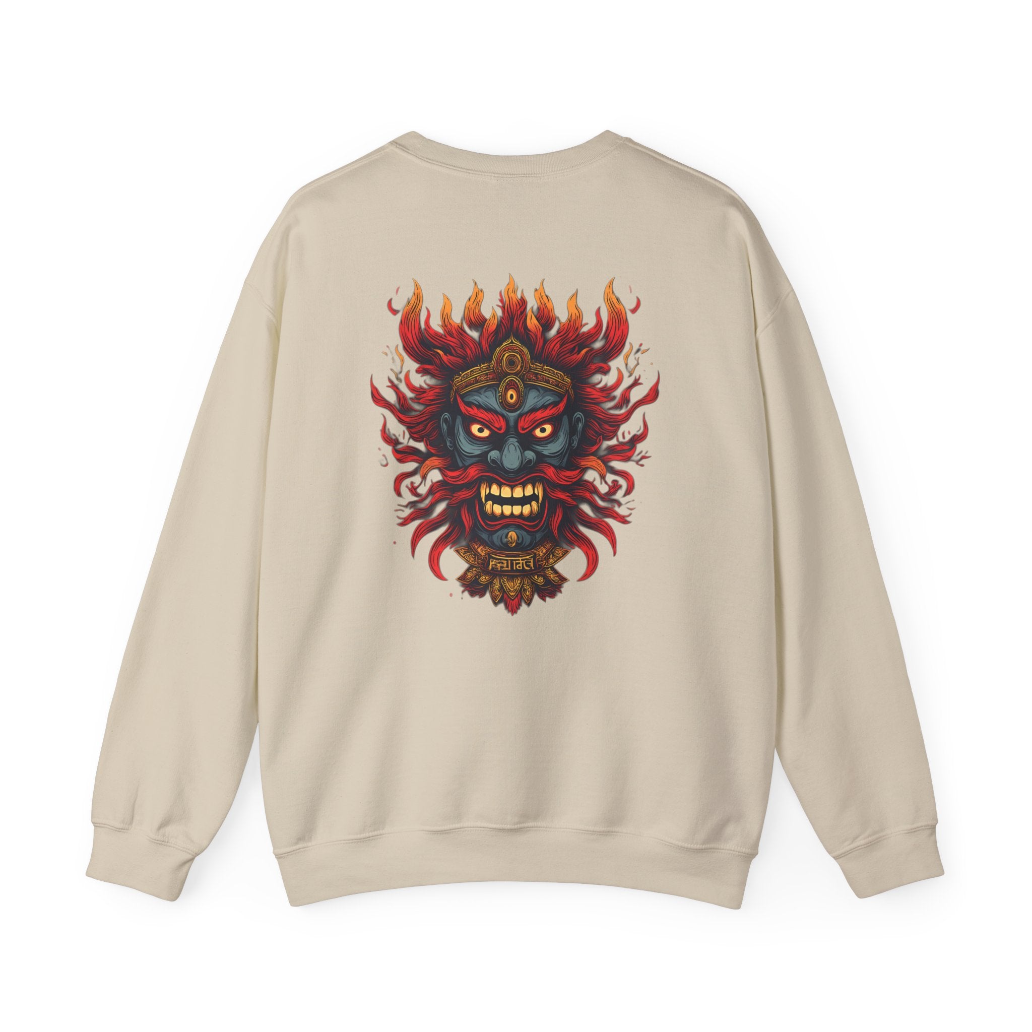 Crewneck Sweatshirt — Fiery Demon Mask Back Graphic