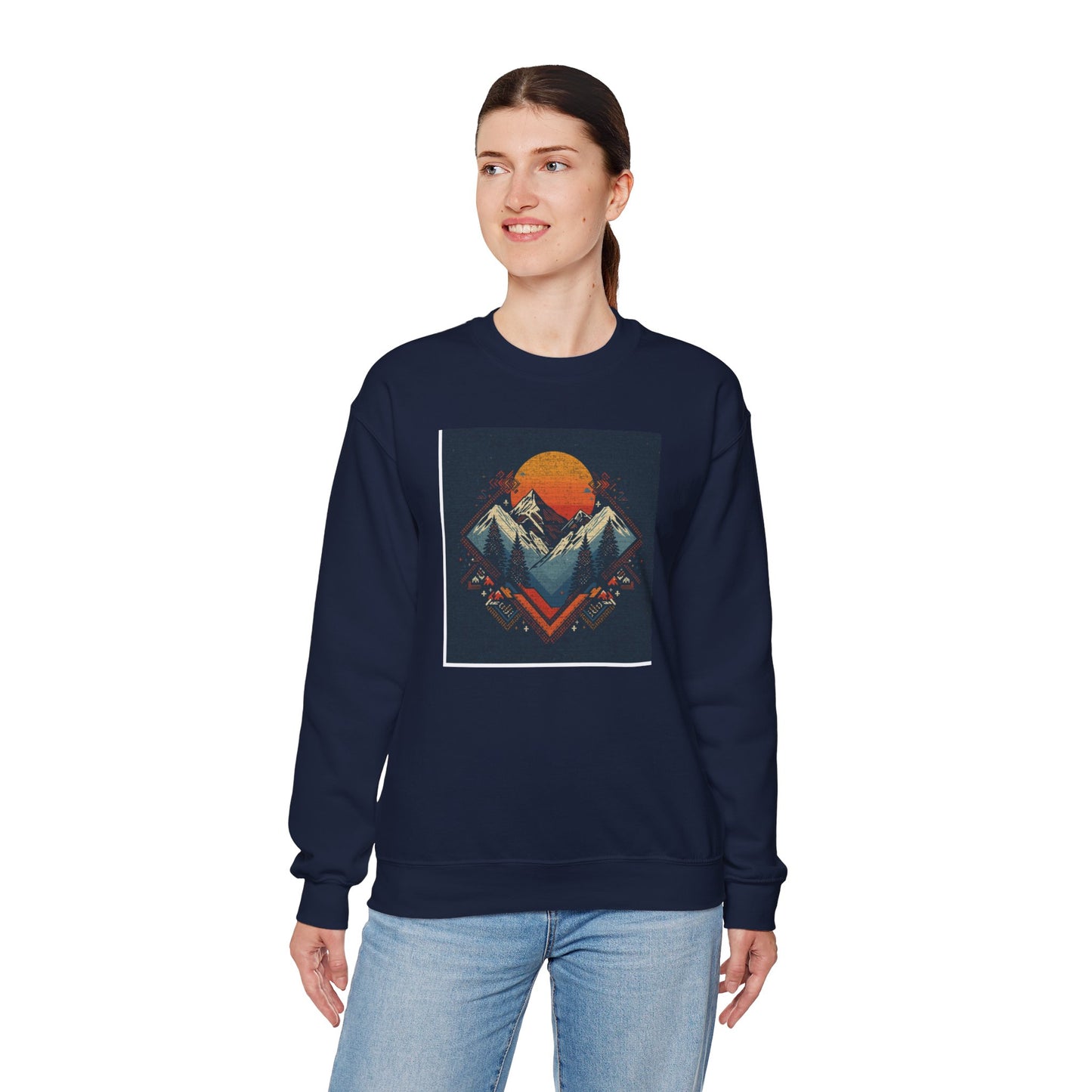 Mountain Sunset Crewneck Sweatshirt — Retro Geometric Peaks Graphic