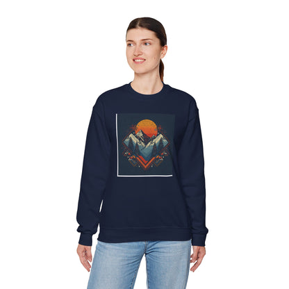 Mountain Sunset Crewneck Sweatshirt — Retro Geometric Peaks Graphic