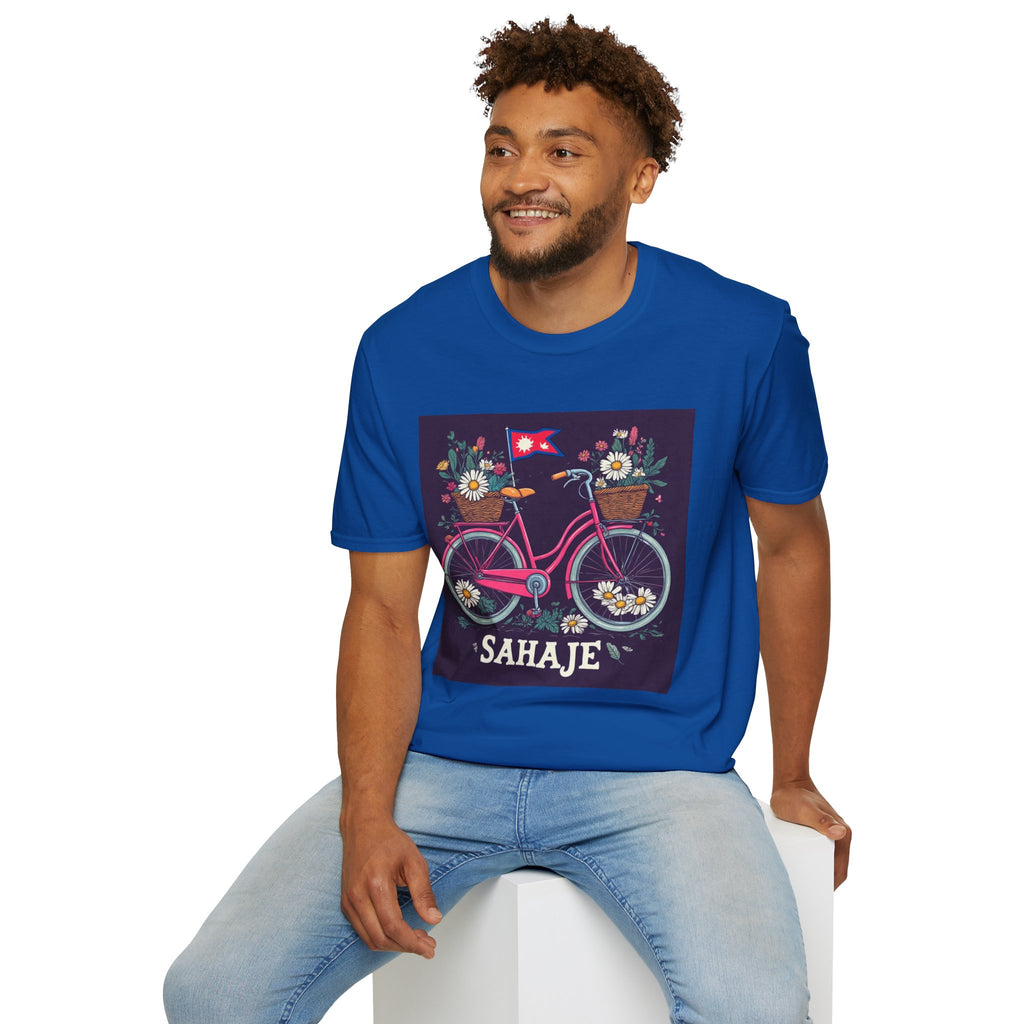 Bicycle Floral T-Shirt – Pink Bike with Baskets & "Sahaje" Text