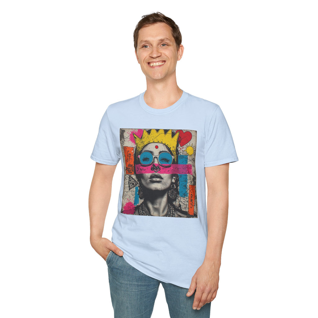 Abstract Pop Art Portrait T-Shirt — Neon Crown & Sunglasses Graphic
