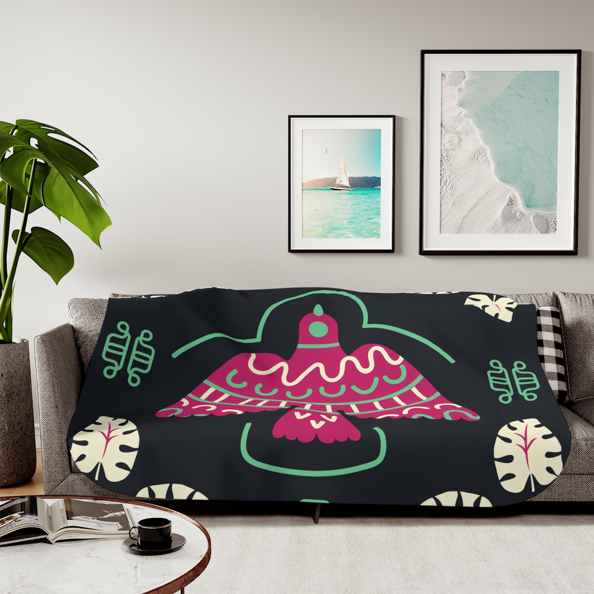 Tribal Thunderbird Sherpa Blanket — Two-Tone Plush Throw