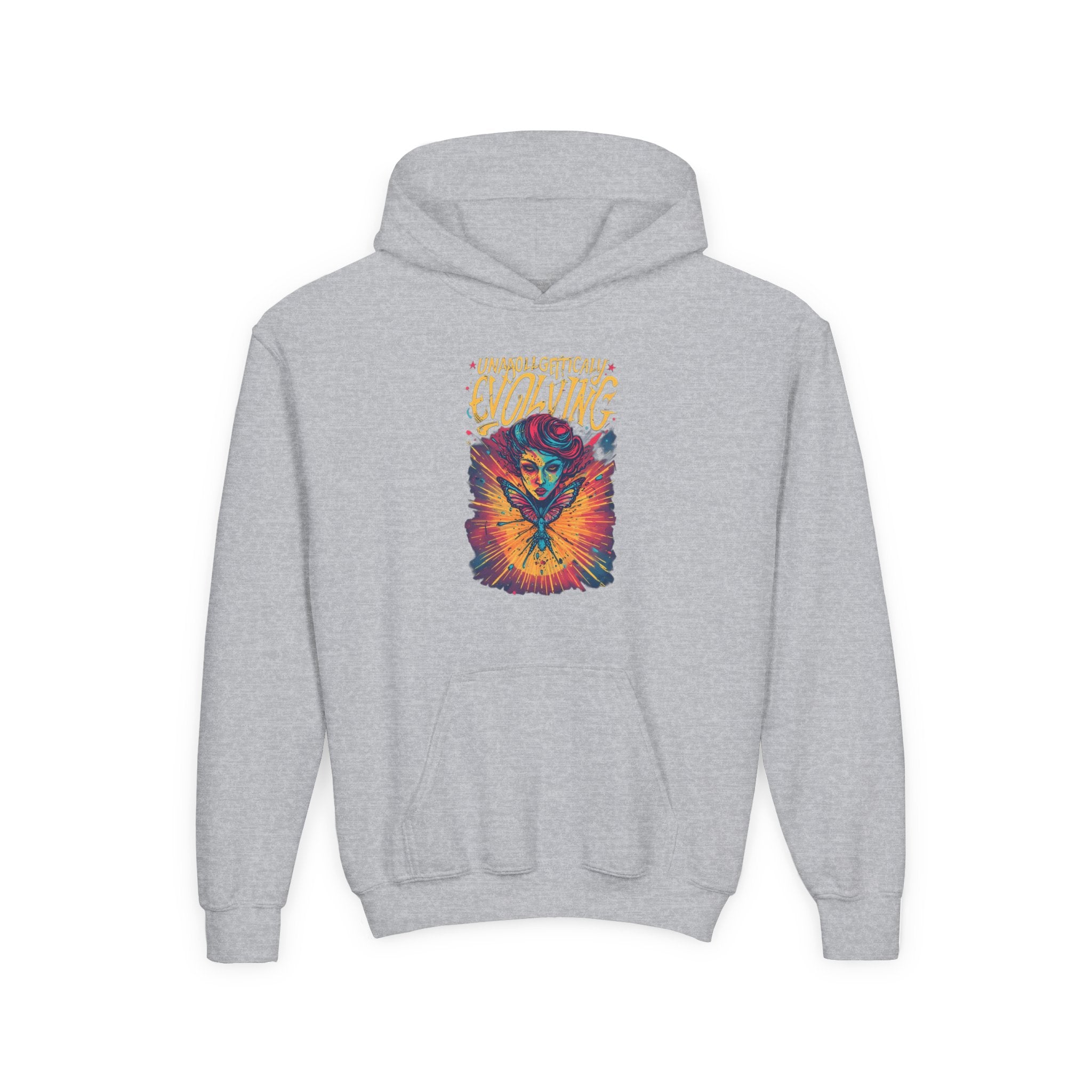 Youth Hoodie — Vibrant 'Evolving' Butterfly Girl Graphic Sweatshirt