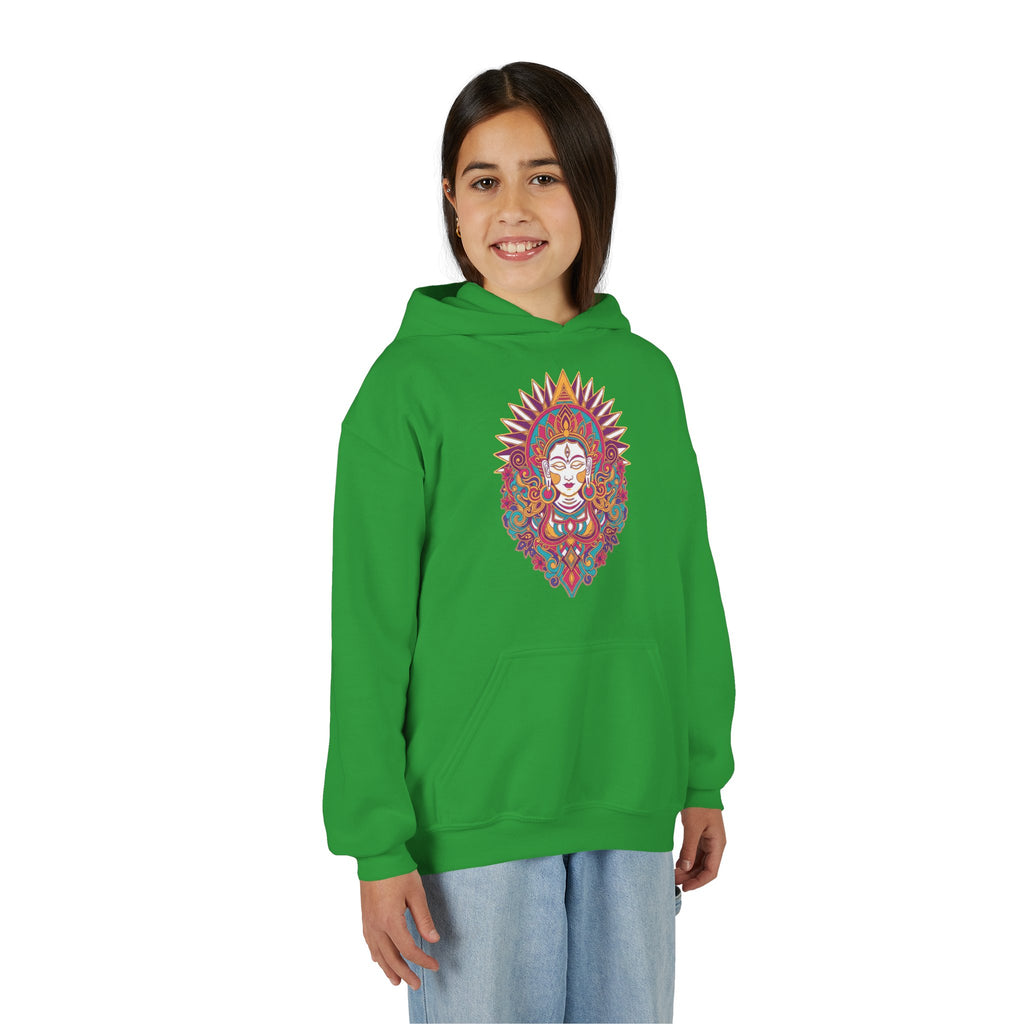 Youth Hoodie with Colorful Sugar Skull Goddess Design — Day of the Dead Kids Pullover