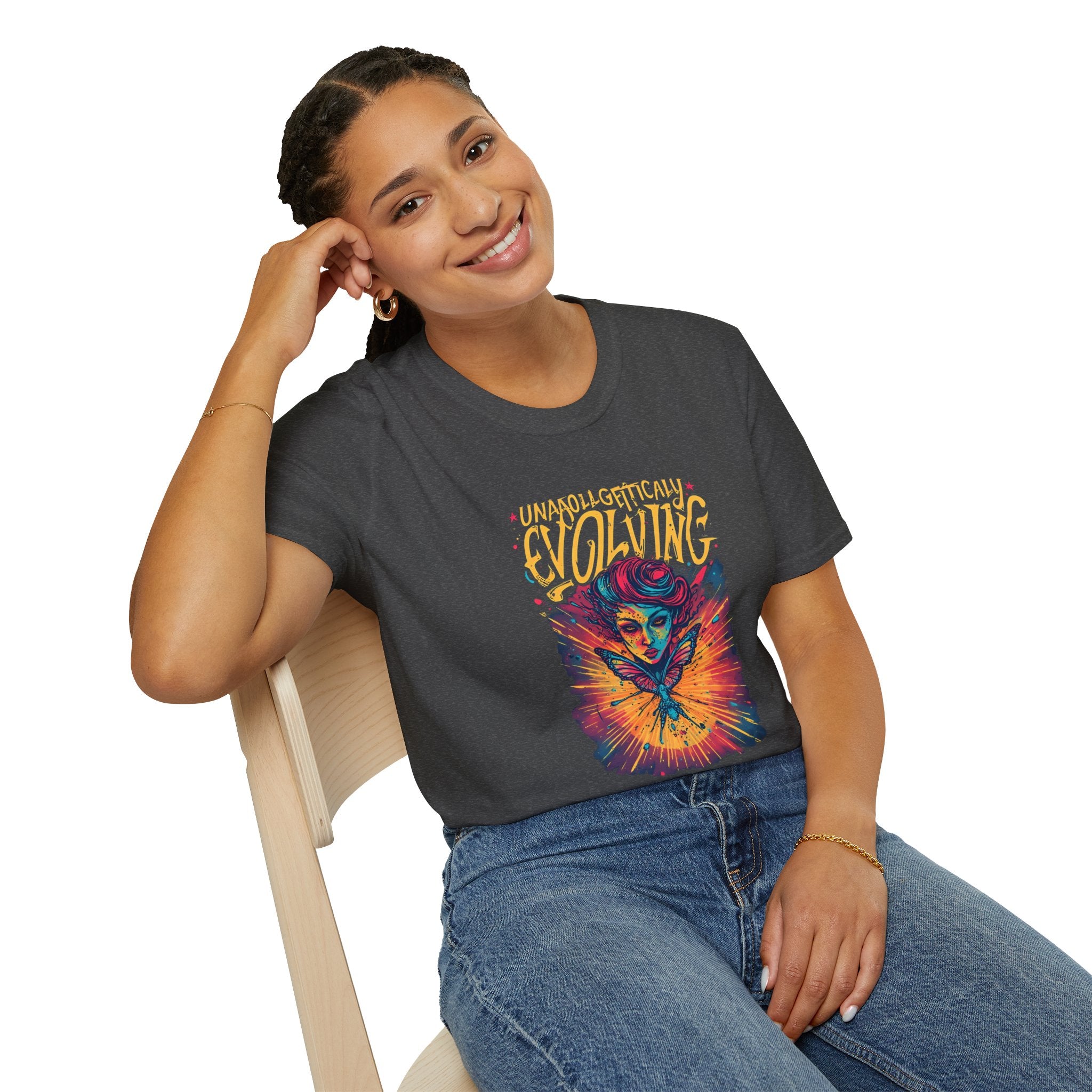 Unapologetically Evolving T-Shirt — Vibrant Butterfly Woman Graphic Tee