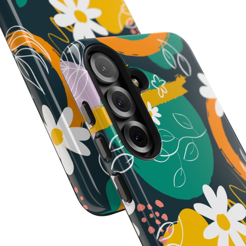 Floral Abstract Tough Phone Case — Colorful Daisies & Brushstroke Design