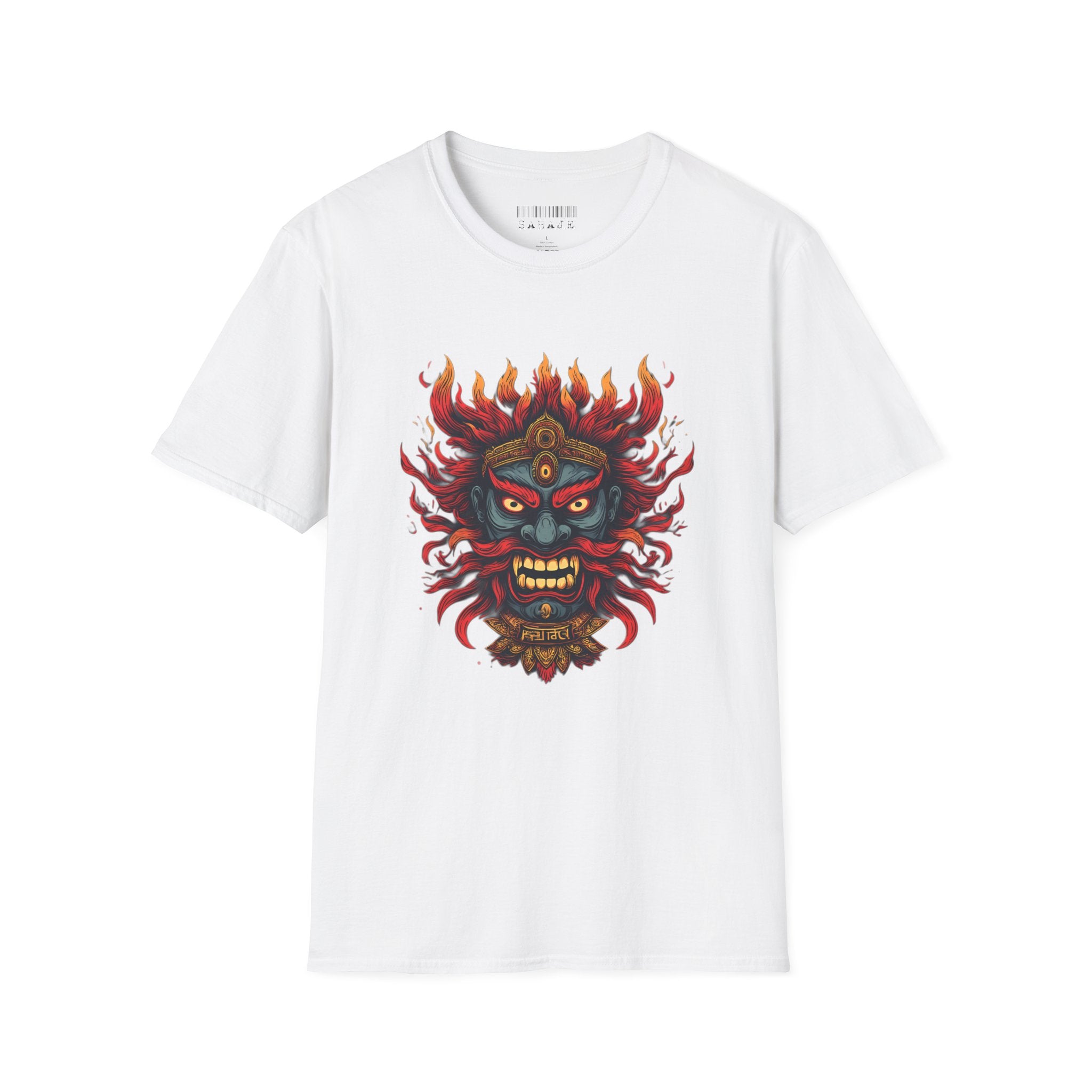 Flaming Demon Mask T-Shirt — Fierce Tattoo-Style Graphic Tee