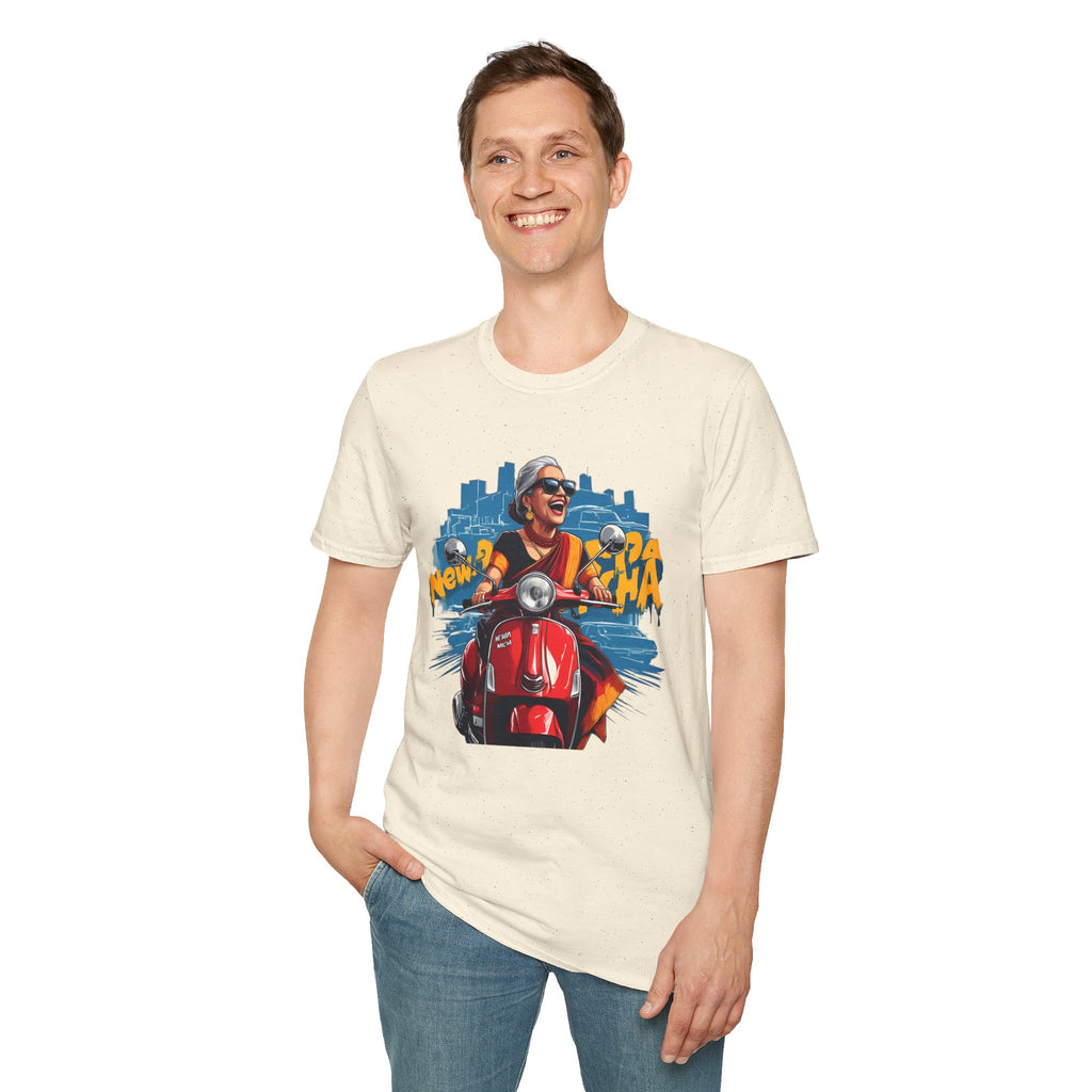 Newa Maicha Riding Scooter T-Shirt – Newari Woman in New York Graphic Tee, Cultural & Urban Design