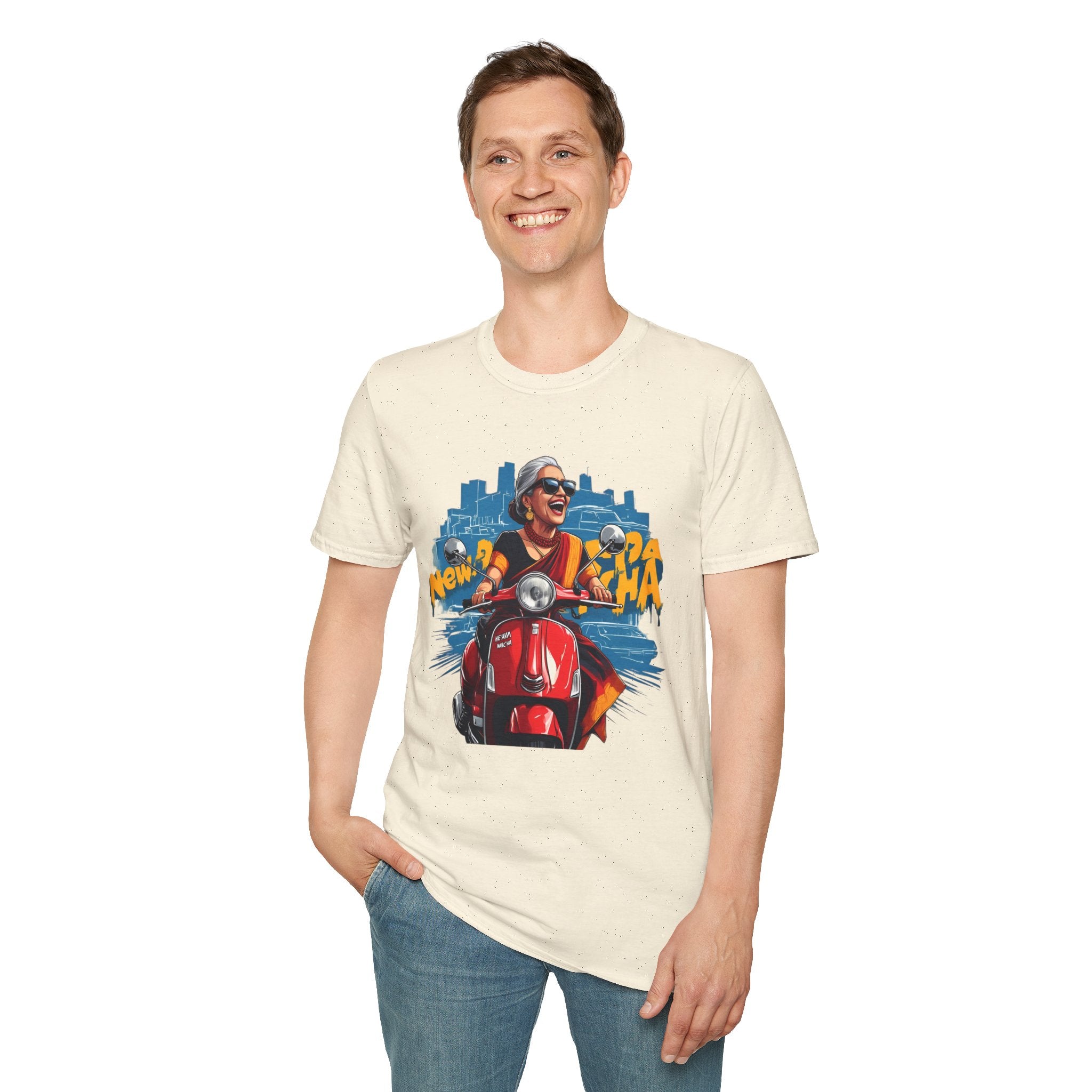 Newa Maicha Riding Scooter T-Shirt – Newari Woman in New York Graphic Tee, Cultural & Urban Design