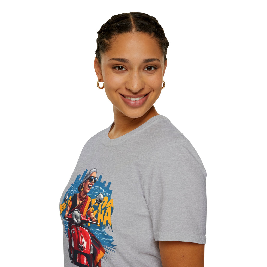 Newa Maicha Riding Scooter T-Shirt – Newari Woman in New York Graphic Tee, Cultural & Urban Design
