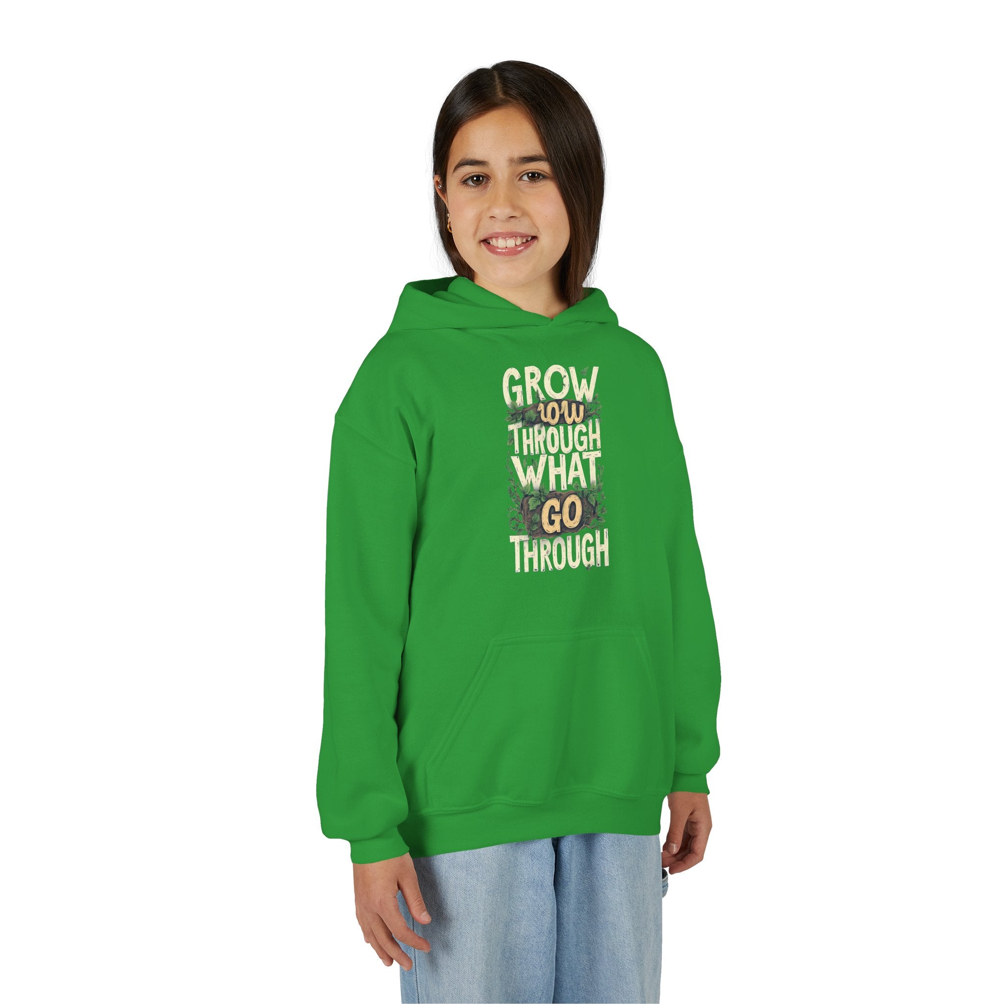 Youth Hoodie — 'Grow Slow, Go Through' Floral Motivational Hooded Sweatshirt