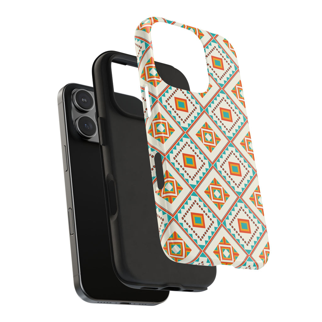 Tough Phone Case — Geometric Retro Tile Pattern, Orange & Teal Protective Cover