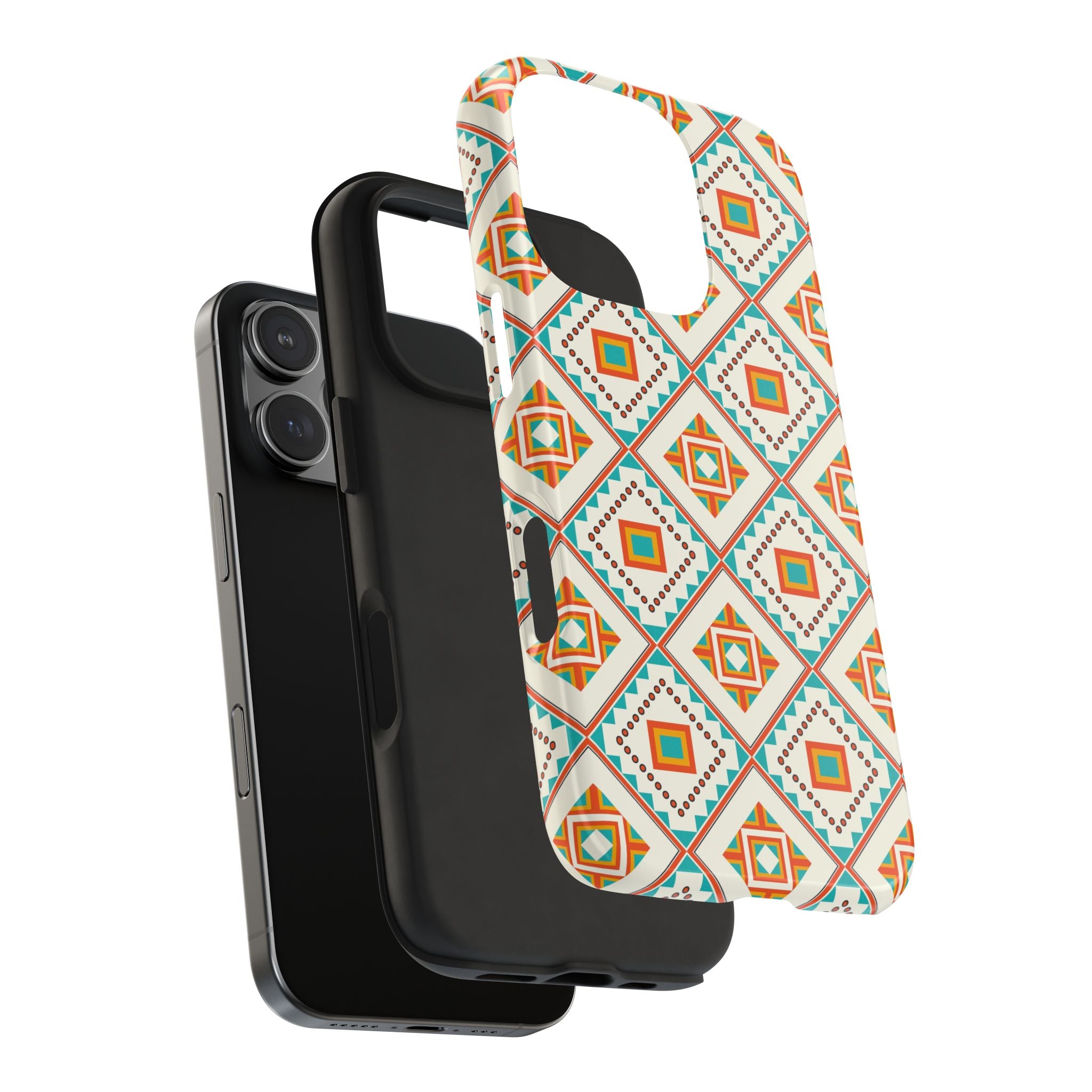 Tough Phone Case — Geometric Retro Tile Pattern, Orange & Teal Protective Cover
